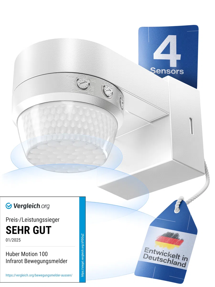 Huber Motion 100 Détecteur de mouvement infrarouge 360° avec 4 capteurs et lentille Fresnel - IP65, LED, protection anti-pénétration et limitation de zone, montage