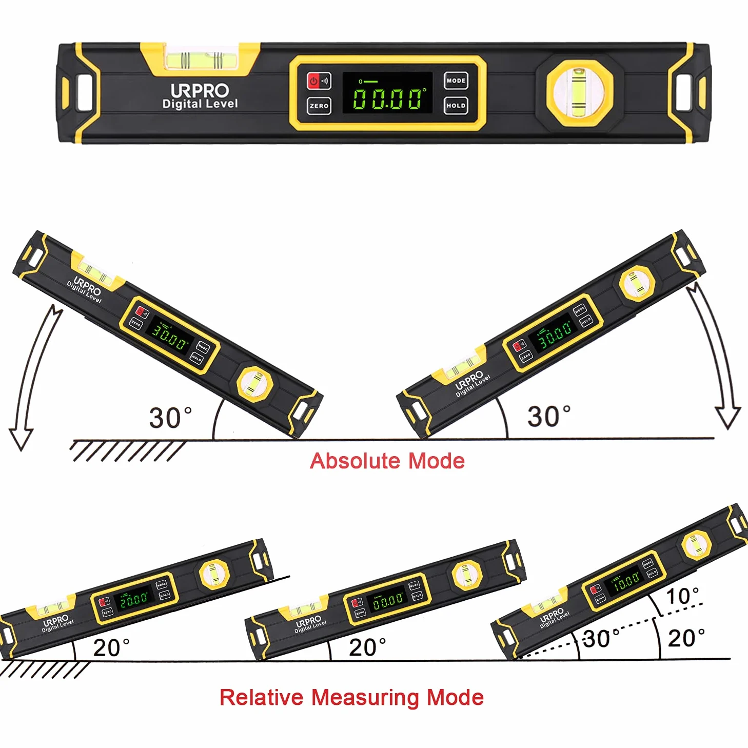 Inclinomètre URPRO, niveau de torpille numérique et rapporteur Aimants à rainure en V en néodyme Écran LCD lumineux Niveau intelligent IP54 Résistant à la poussière/à l'eau