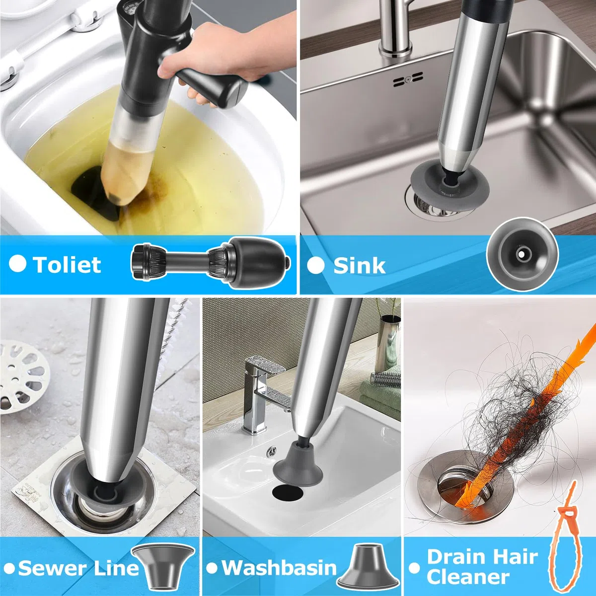 LightingWill Ensemble de déboucheur de toilettes haute pression robuste avec un support et 4 têtes remplaçables, outils de débouchage de toilettes pour déboucher les toilettes, baignoires, douches