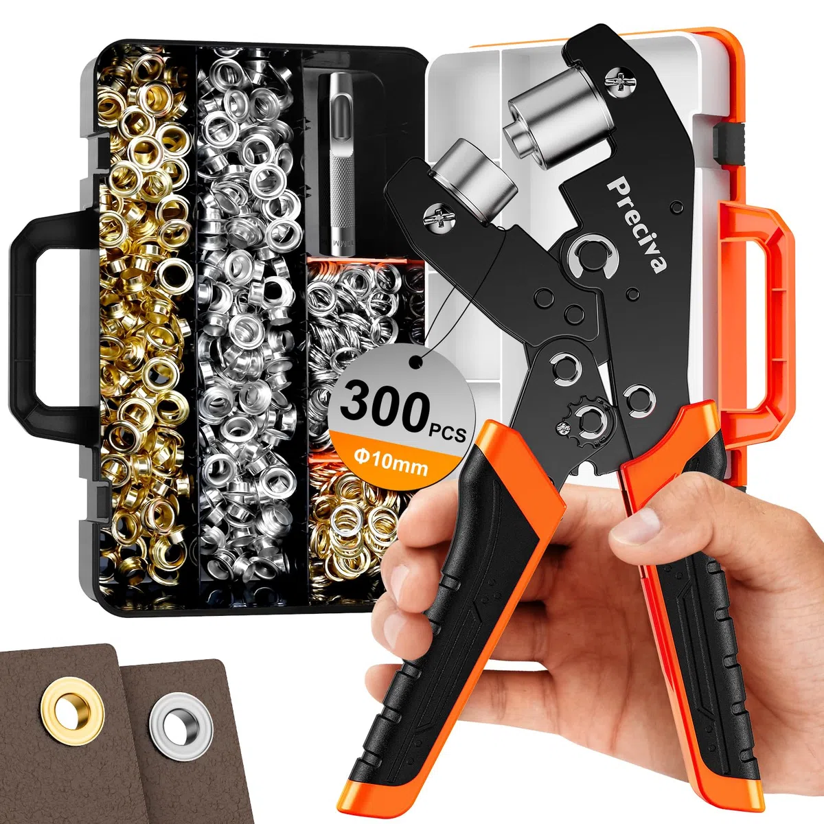 Oeillets Métalliques Kit 10mm, Preciva Pinces à Oeillets Auto-Verrouillant avec Boîte de Rangement, Poinçonneuse et 300PCS Complets Galvanisés à 2 Couleurs（Or/Argent) pour Bannière PVC, Bâche et Tissu