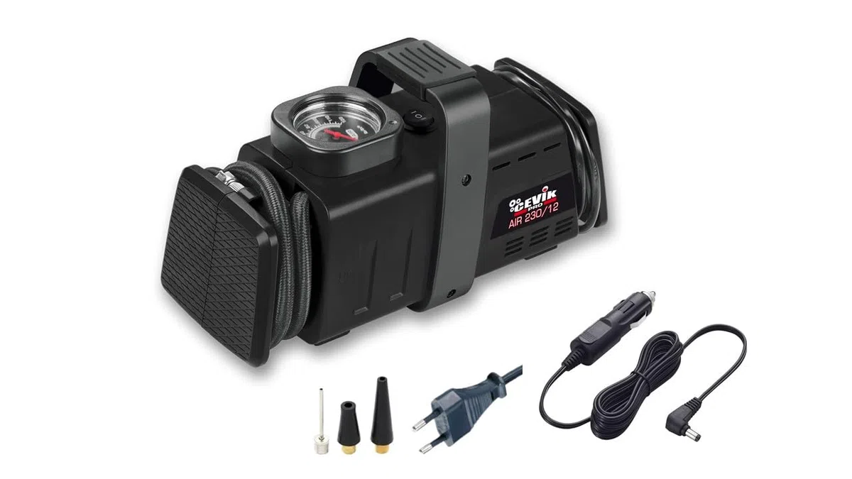 CEVIK PRO - CA-AIR230/12 - Compresseur d’Air Portable Double Alimentation - 230V/12V - 13 l/min - Max 8 Bar - Compact et Sans Entretien - Idéal pour Voiture et Maison - Gonflage Rapide et Précis