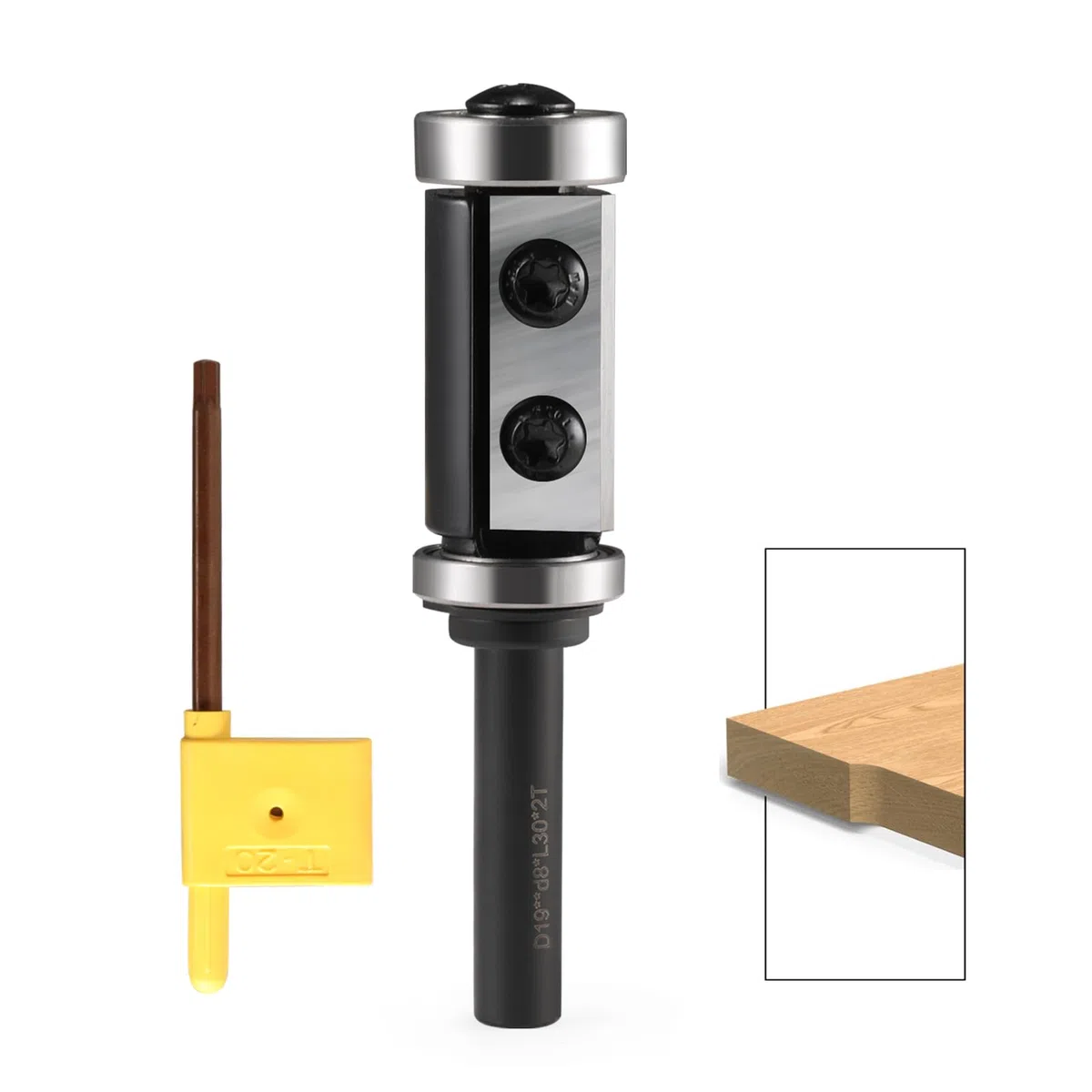 Fraise à affleurer à plaques réversibles avec tige de 8 mm, fraise à affleurer avec 2 surfaces de coupe en carbure interchangeable, diamètre = 19 mm, longueur totale = 30 mm en haut et en bas