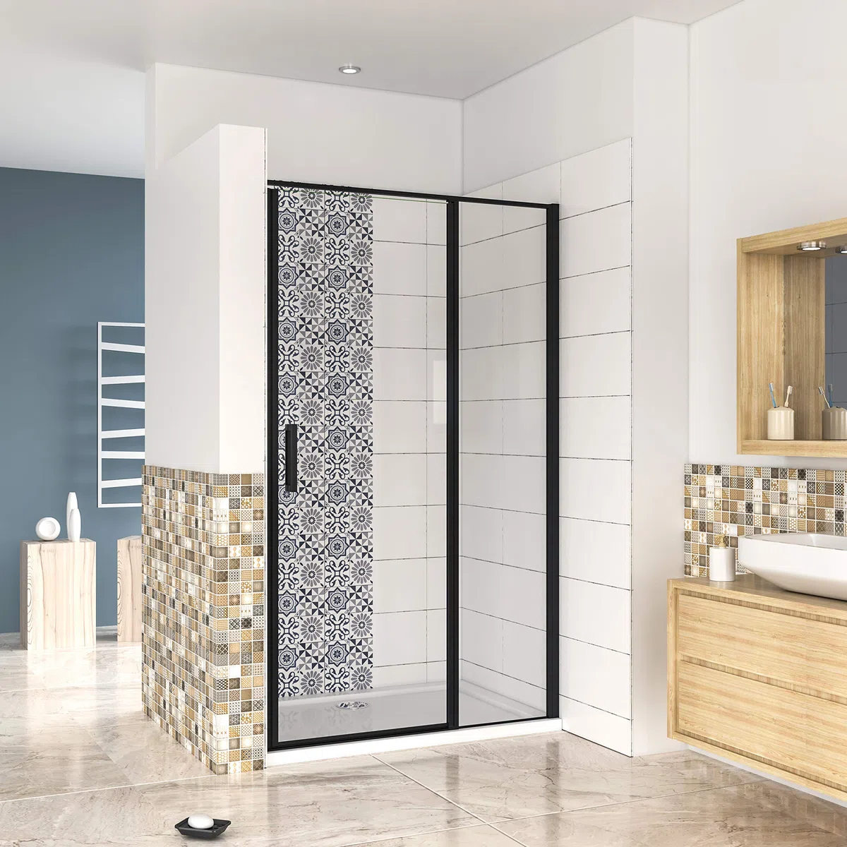 AICA porte de douche pivotante 120x185cm NOIR MAT en verre anticalcaire installation en niche