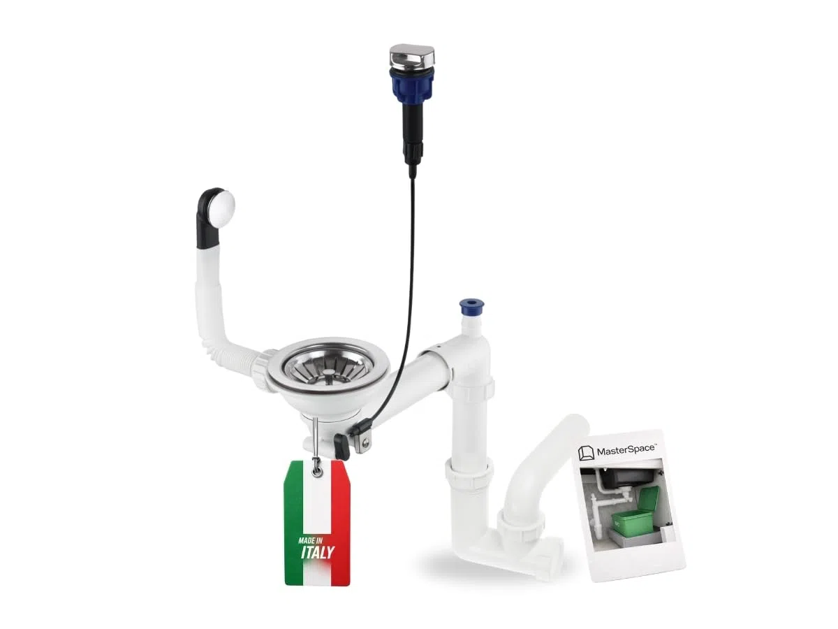 GRANMASTER Siphon automatique à 1 chambre peu encombrant avec trop-plein – Bonde pour évier – Raccordement sur la partie inférieure : panier à tamis 1 1/2" Valve excentrique 3 1/2" 30 x 25 x 35 cm