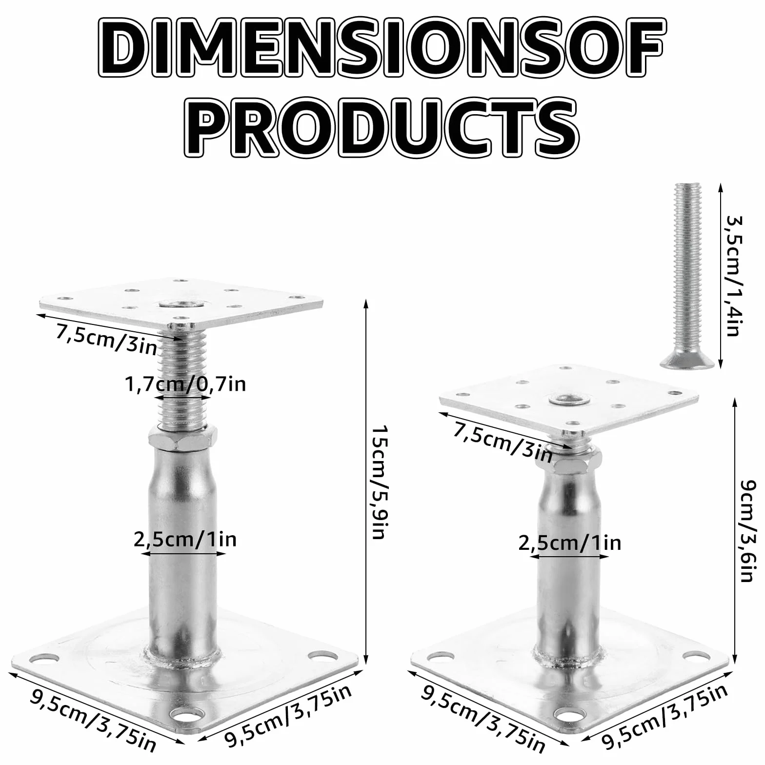 SENENQU Lot de 4 Supports de Poteau Bois, Galvanisés Réglables en Hauteur 100 à 150 mm, 75 x 95 mm à visser, Pied de Poteau Reglable pour Clôtures, Abris, Pergolas