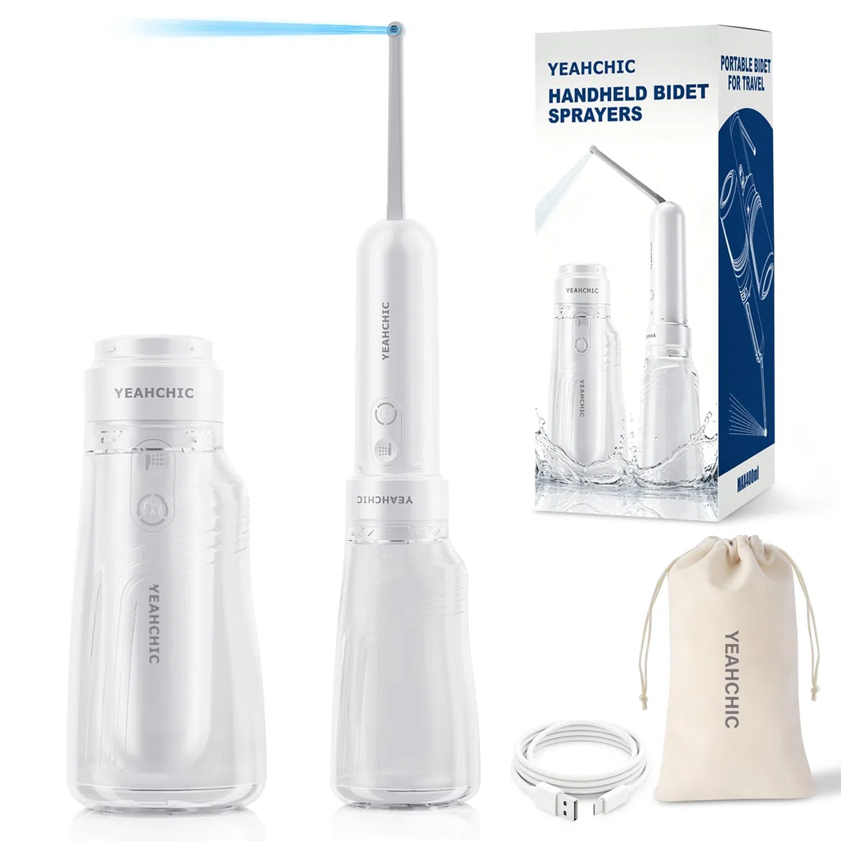 Bidet portable pour voyage – USB-C rechargeable, 3 modes, 400 ml, pulvérisateur étanche + 2 buses – Bidet portable pour bébé, bidet pour homme, bidet de voyage pour femme