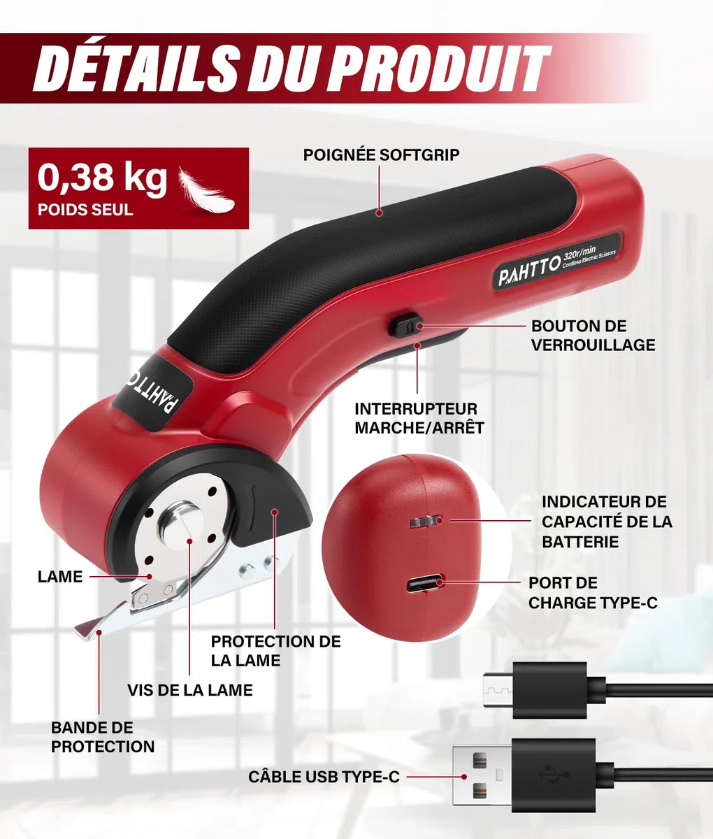 PAHTTO Cisaille électrique Coupe-carton 4 V, 320 tr/min, coupe-rouleau sans fil Coupe-tout universel avec 2 lames auto-affûtantes et chargeur, pour papier, carton, moquette, cuir, tissu (rouge)