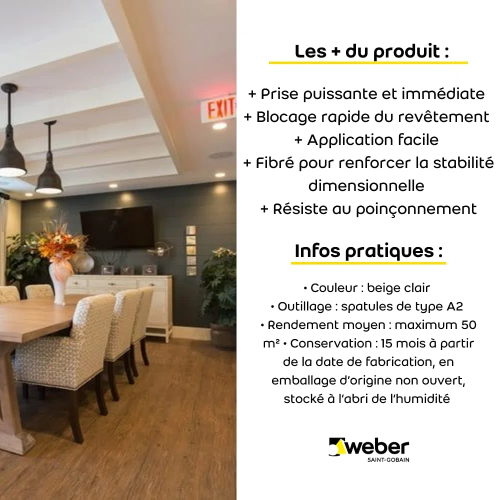 Colle acrylique, 12kg, pour revêtements PVC décoratifs et sols souples, sans solvant, WEBERBOND LVT, WEBER