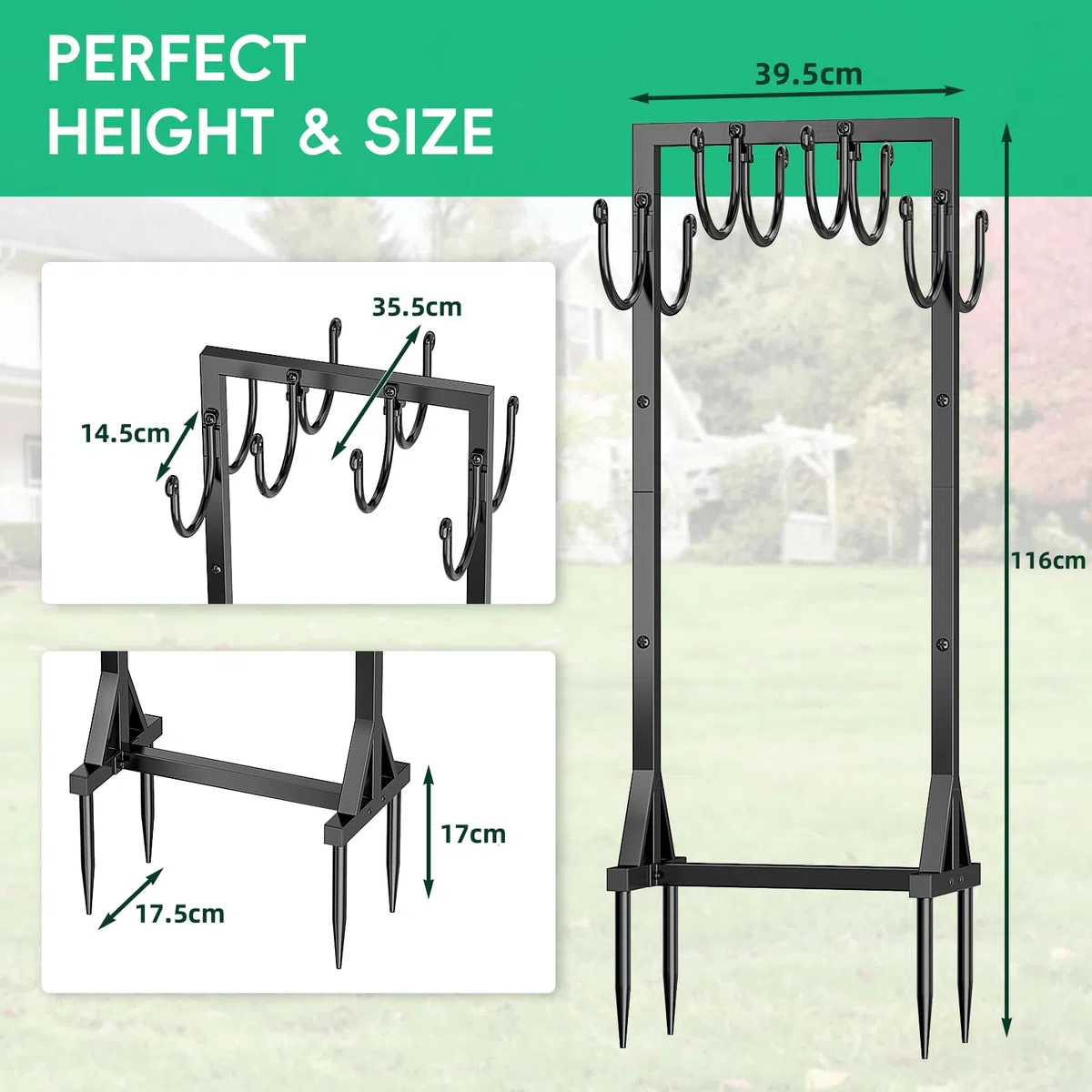 Bomclap Support de tuyau d'arrosage, 116 cm, double face, autoportant, pour jardin, support de tuyau d'arrosage, amovible, en métal, avec crochet, robuste