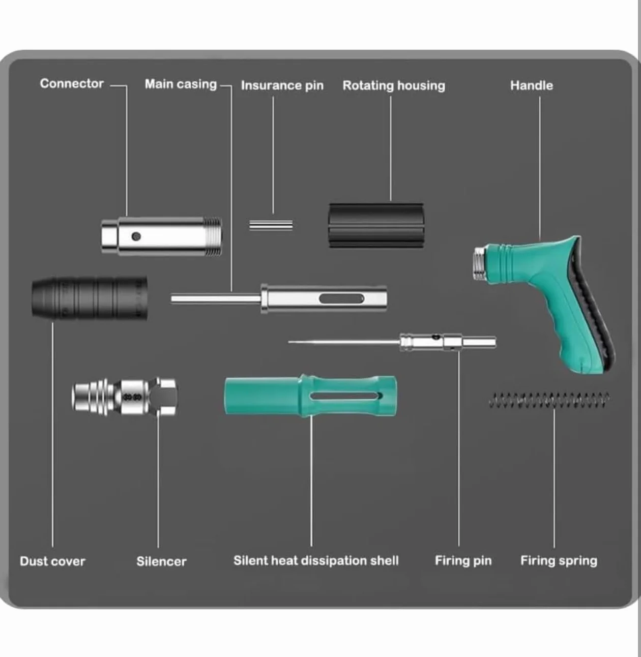 Bdit accessoires Pistolet à clous, pistolet à ongles à air comprimé manuel, tire des clous pour ciment et fer, cloueuse avec 10 clous ronds - pour acier et béton - Facile à utiliser