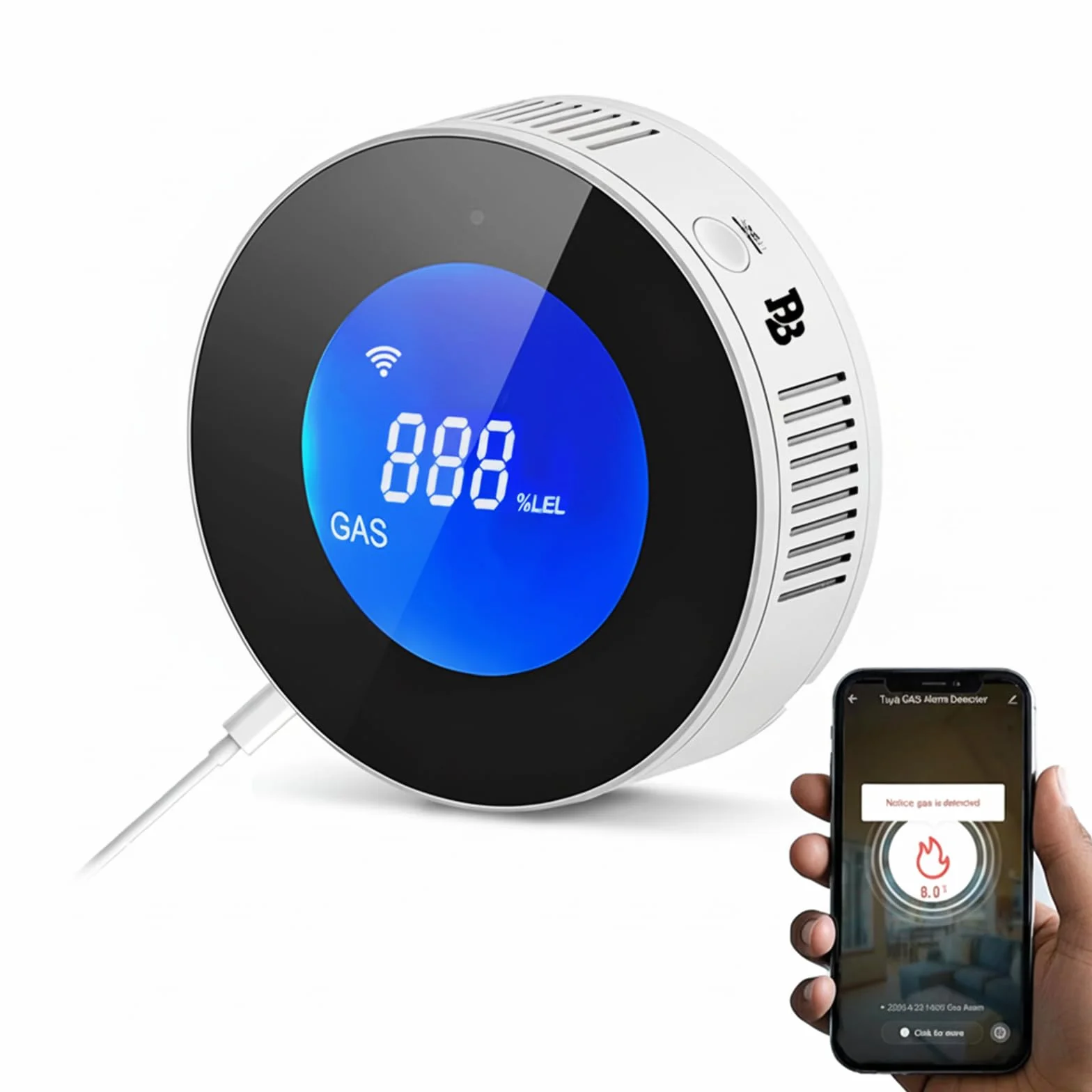 Détecteur de Gaz Connecté WiFi Intelligent, Détecteur de Fuite de Gaz Naturel/Méthane/GPL/Carbone, Écran LCD, Alarme 85dB, Compatible APP, Certifié en 50194