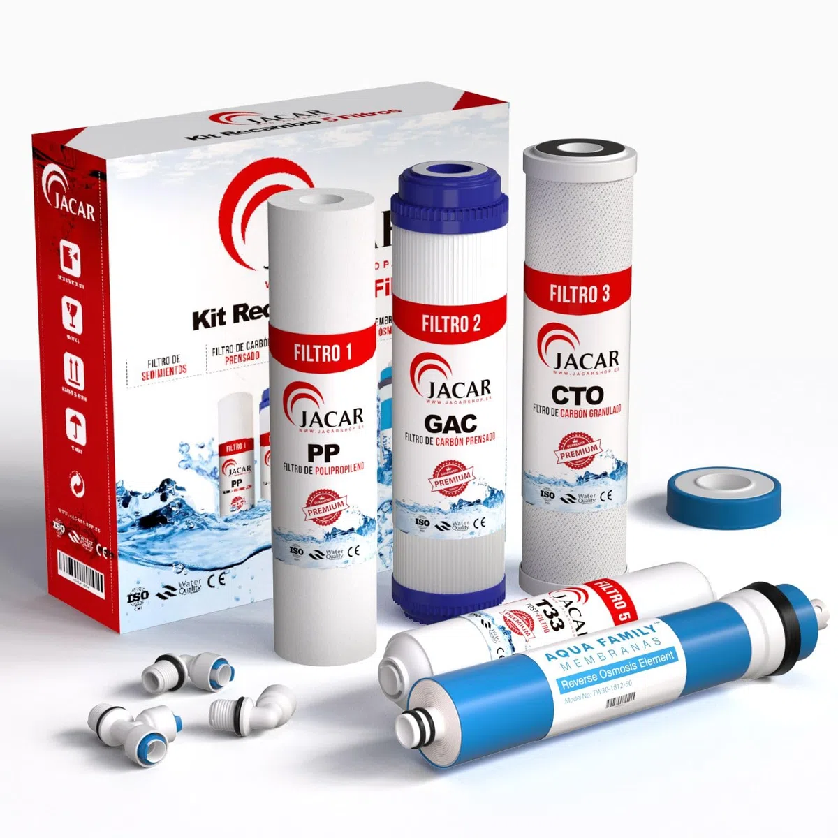 Pack Filtres Osmose Inverse Membrane 50 GPD Compatible Cartouche Tous Systèmes Osmose Osmoseur 5 Étapes Kit Filtre Remplacement Charbon Coco 10 pouces Eau Pure JACAR