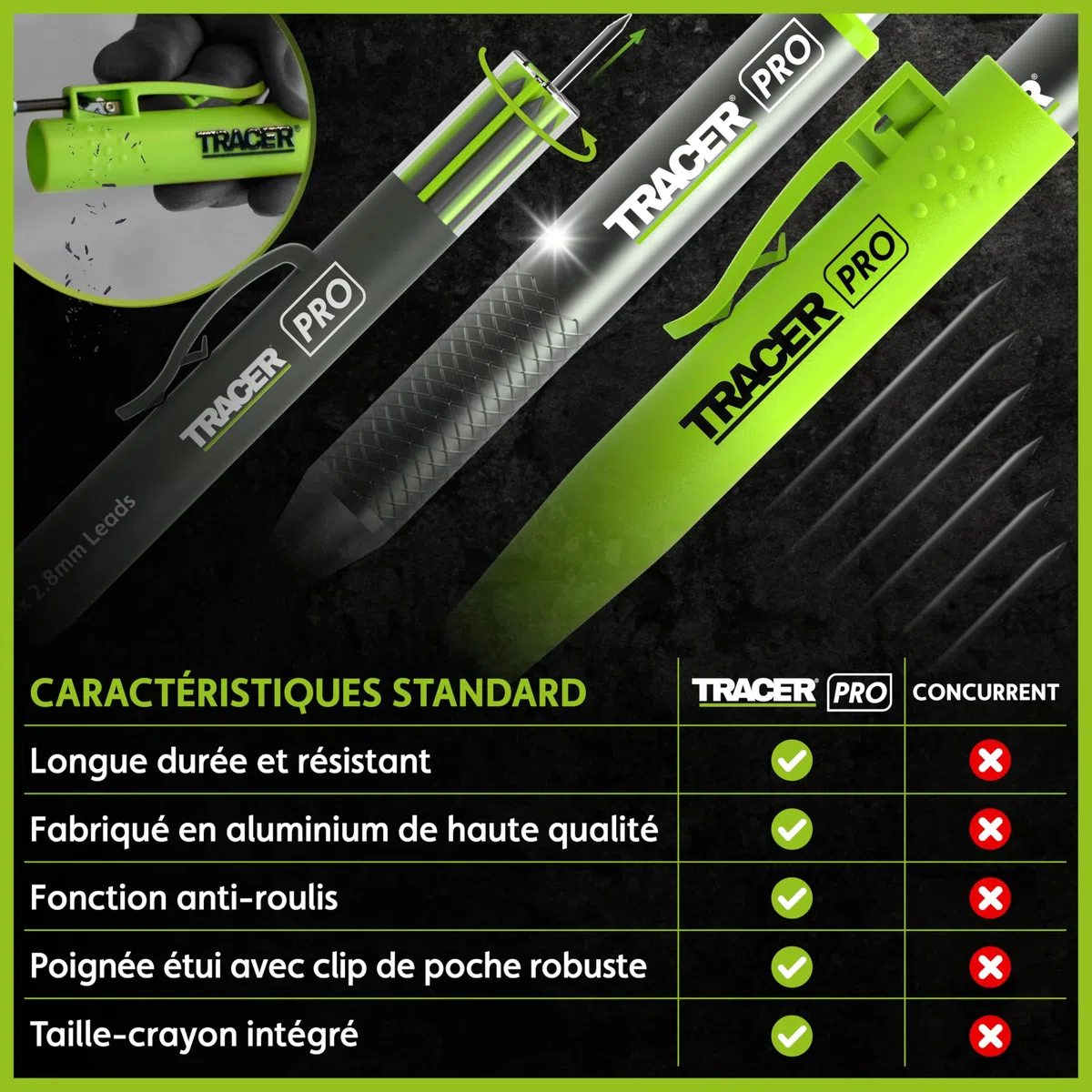Tracer Pro Series Crayon de construction à trous profonds en aluminium avec 6 paquets de mines de rechange et étuis de chantier