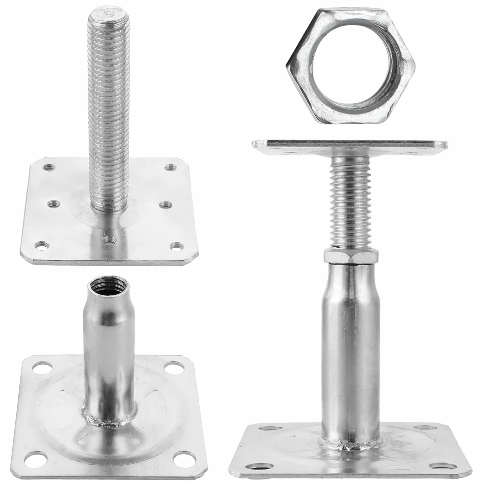SENENQU Lot de 4 Supports de Poteau Bois, Galvanisés Réglables en Hauteur 100 à 150 mm, 75 x 95 mm à visser, Pied de Poteau Reglable pour Clôtures, Abris, Pergolas