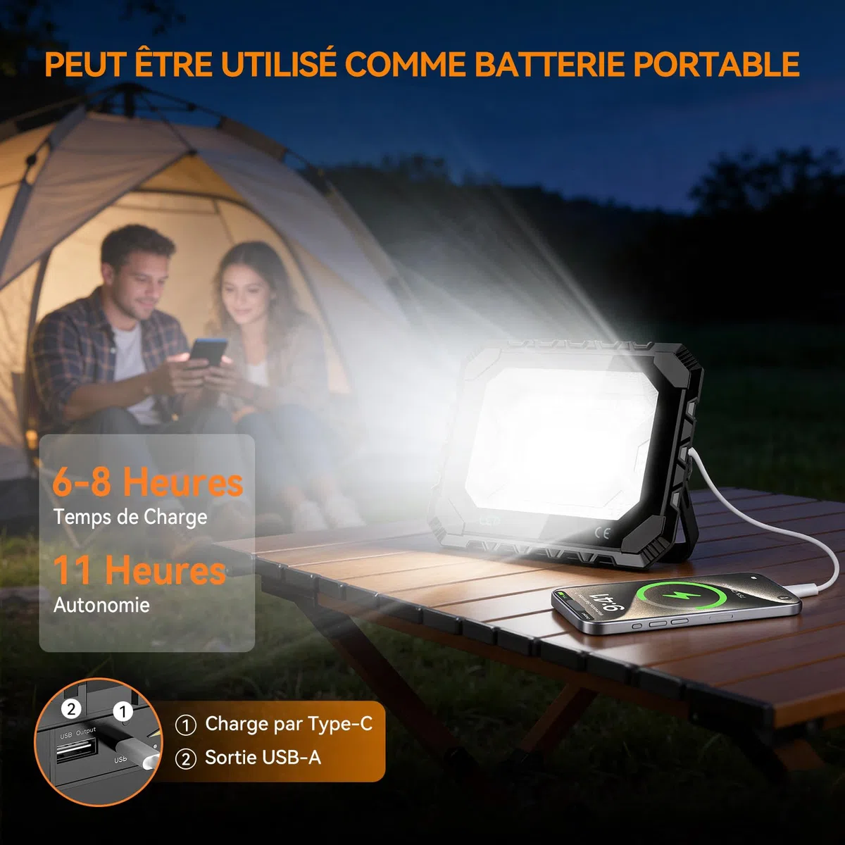 Projecteur LED Rechargeable, Adewalk 100W Projecteur LED Chantier Solaire & Batterie Rechargeable, 12000mAh Lampe Chantier 5 Modes, IP66, Lampe de Travail pour Camping, Pêche, Garage, Atelier