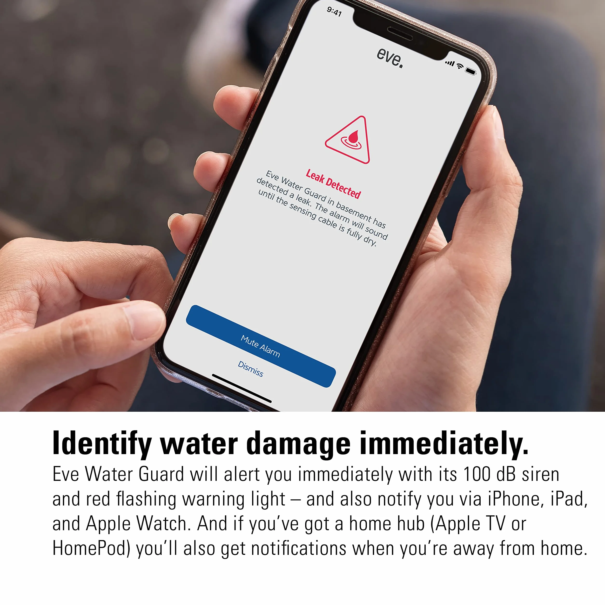Eve Water Guard - Détecteur de Fuite d'eau pour Maison connectée avec câble de détection de 2 m, sirène de 100 DB et alertes de Fuite sur iPhone, iPad, Apple Watch (Apple HomeKit), Bluetooth, Thread
