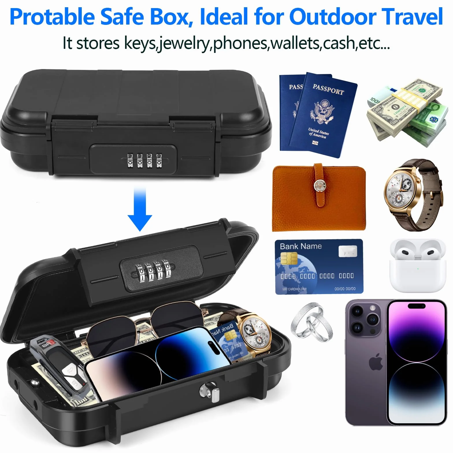 Portable Coffre-fort Étanche et Sécuritaire avec Câble Métallique Amovible, Boîte à Cadenas pour Clés de Voyage ou Bureau