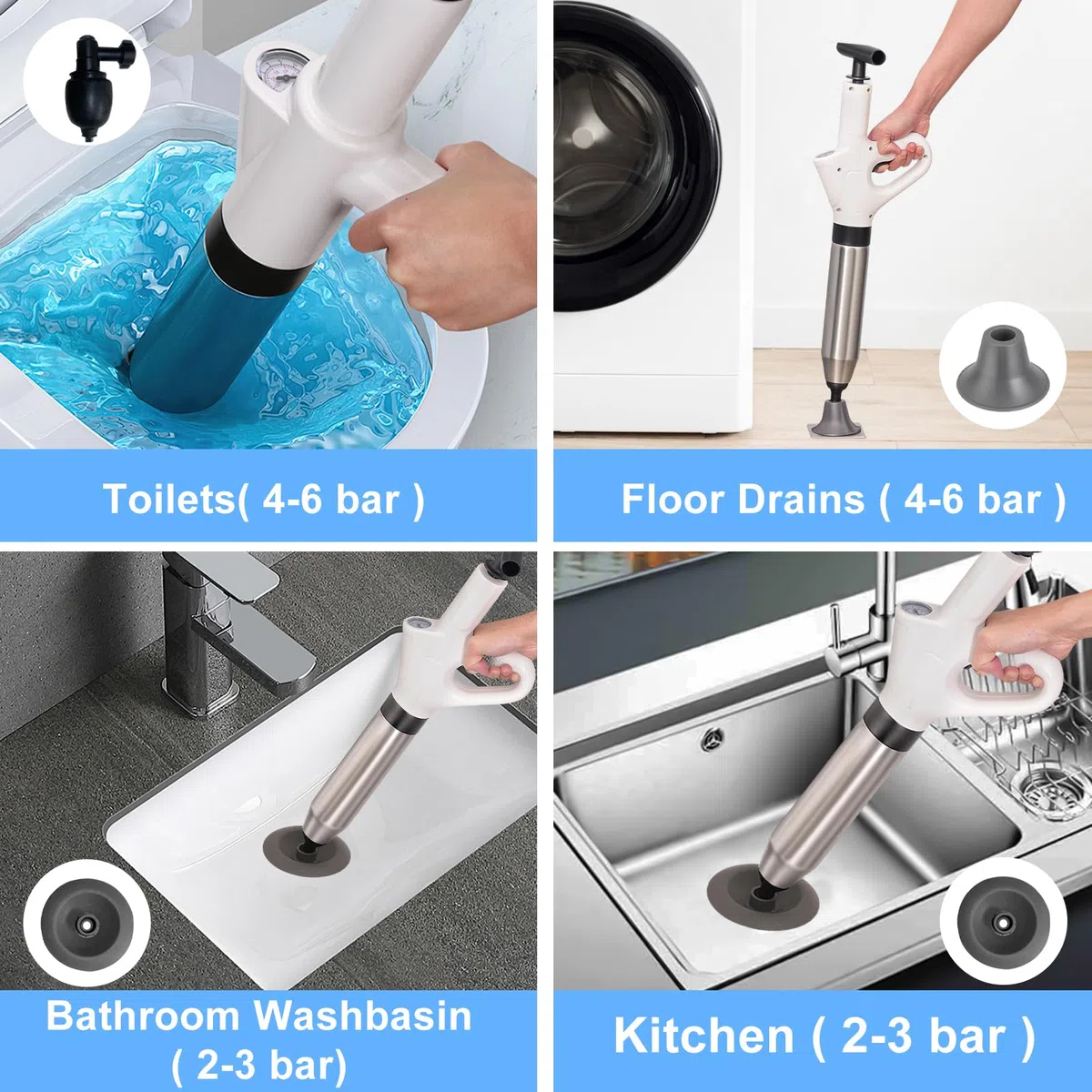 Nettoyeur de tuyaux avec indicateur de pression atmosphérique | 4 ventouses | Déboucheur de tuyaux d'air comprimé pour lavabo, toilettes, salle de bain, douche, cuisine