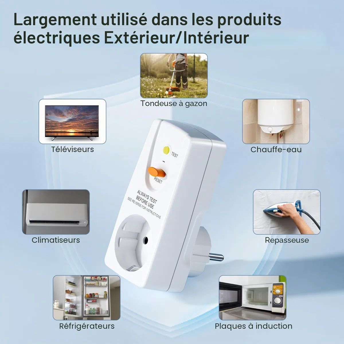 Prise de disjoncteur Fi - Anti-fuites et chocs électriques - Contact de protection 10 mA - 230 V - 16 A - Convient pour appareils ménagers et outils