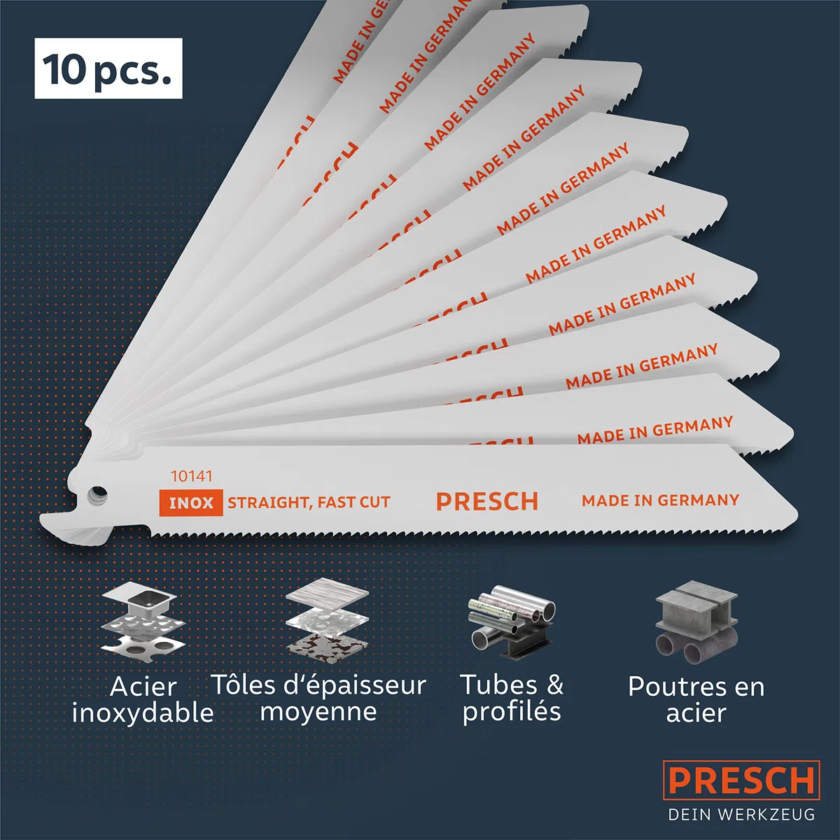 Presch Lames scie sabre pour le métal et l'inox 10 pièces (2-8mm) - Lames au cobalt à 8% pour l'acier inoxydable - Kit de lames de scie électrique avec boîte