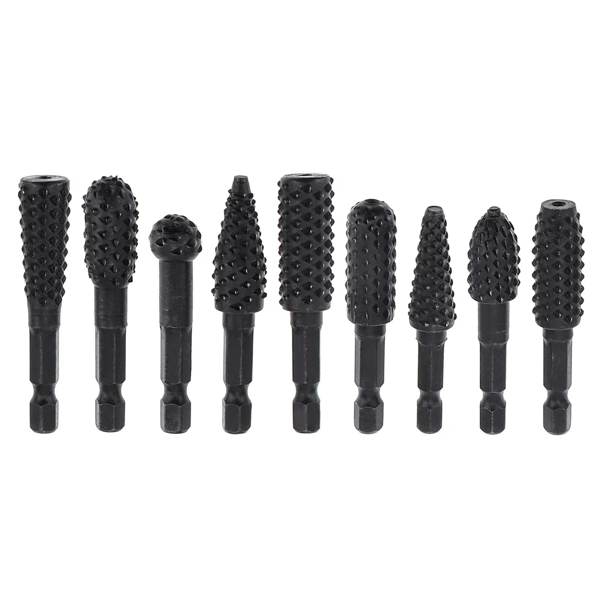 Lot de 10 râpes rotatives pour sculpture sur bois et ébavurage en caoutchouc, façonnage et rainurage, avec tige hexagonale de 6,35 mm
