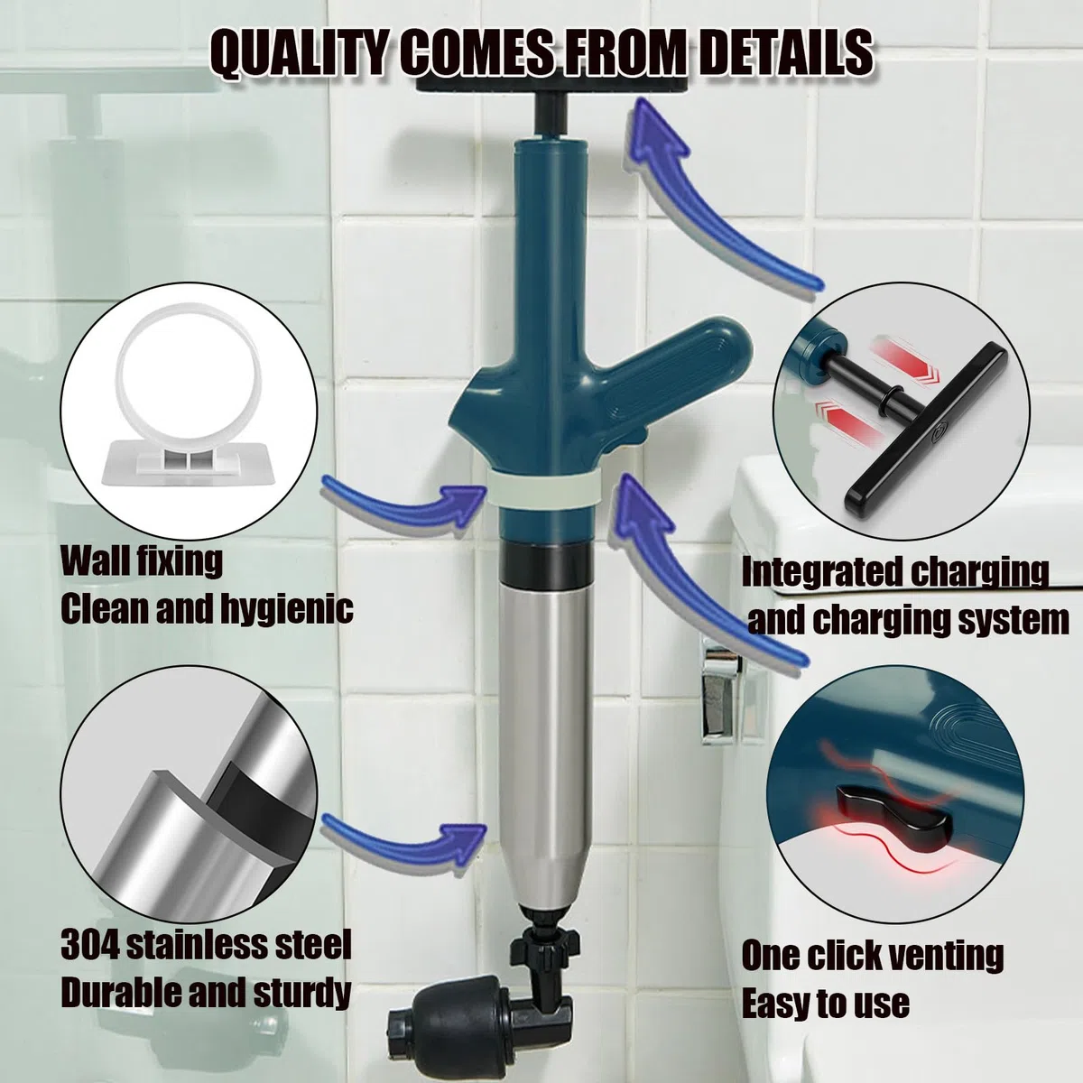 Déboucheur Canalisation Haute Pression, Déboucheur Wc Air Comprimé avec 4 Différentes Ventouses, Piston de Toilette pour Déboucher les Toilettes, Baignoire, Drain de sol, Lavabo (bleu)