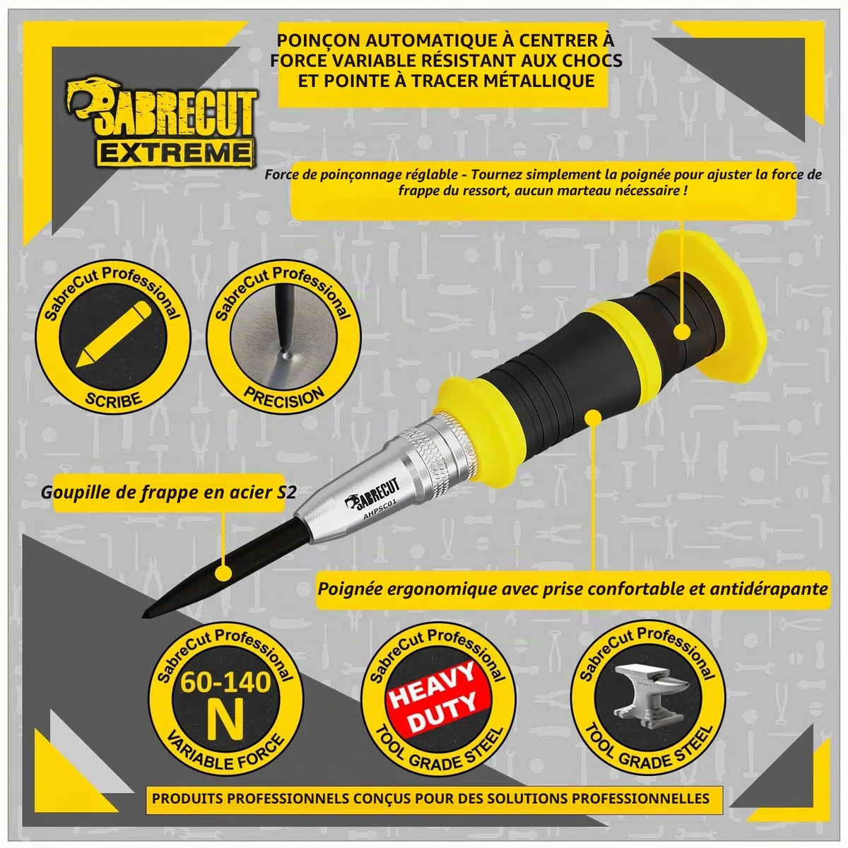 1 pièce SabreCut AHPSC01 Perforatrice centrale à ressort automatique robuste avec force de frappe réglable 60-140 Newtons Convient au métal au bois au plastique et à de nombreux autres matériaux
