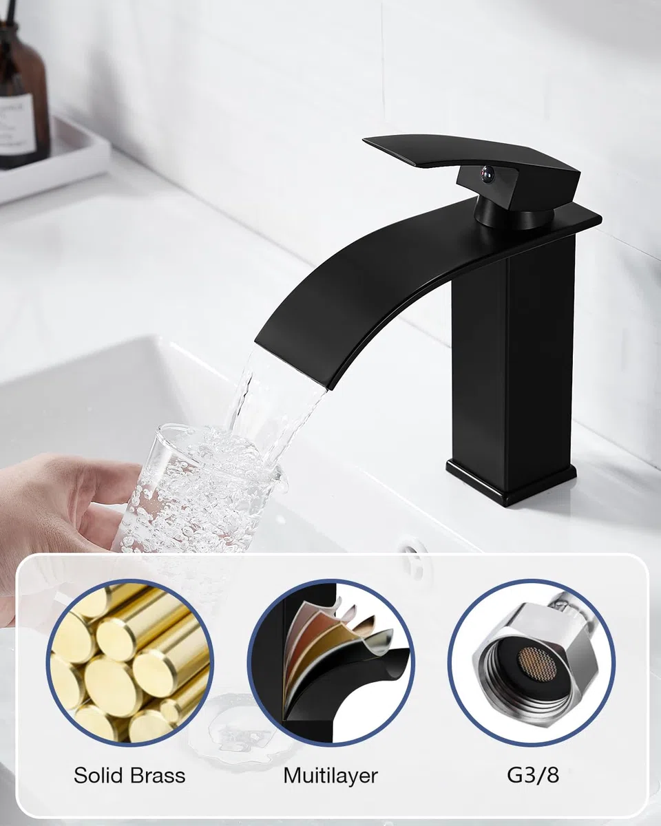 Moderne Robinet Lavabo Noir Cascade, Mitigeur Lavabo Salle de Bain en Laiton Design Elégant, Robinet Salle de Bain Noir avec Bec Hauteur 115mm, Robinetterie Cascade G 3/8