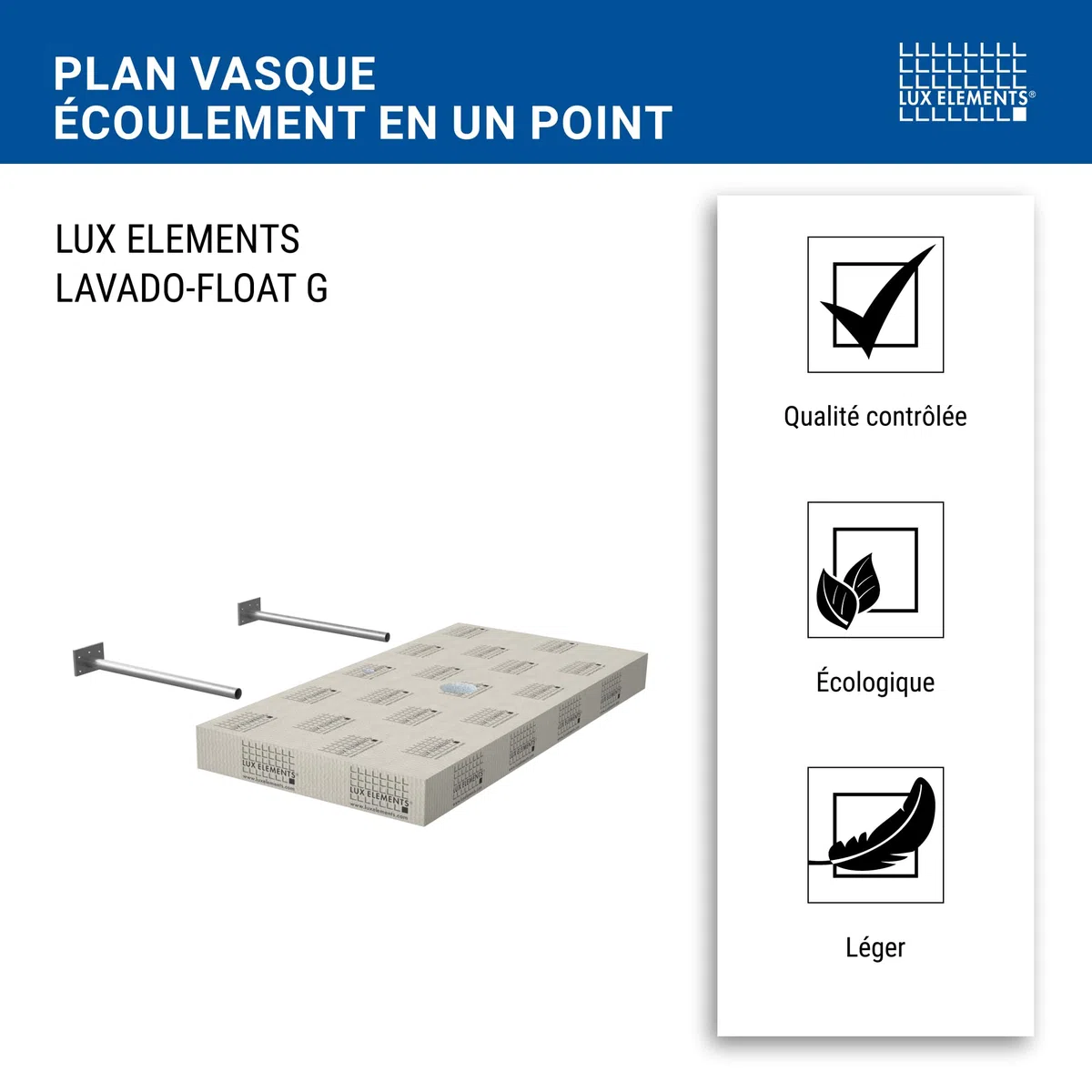 LUX ELEMENTS Plan de vasque suspendu prêt à carreler, 117 x 58,5 x 10 cm, LAVADO-FLOAT G LLAVE5001, gris