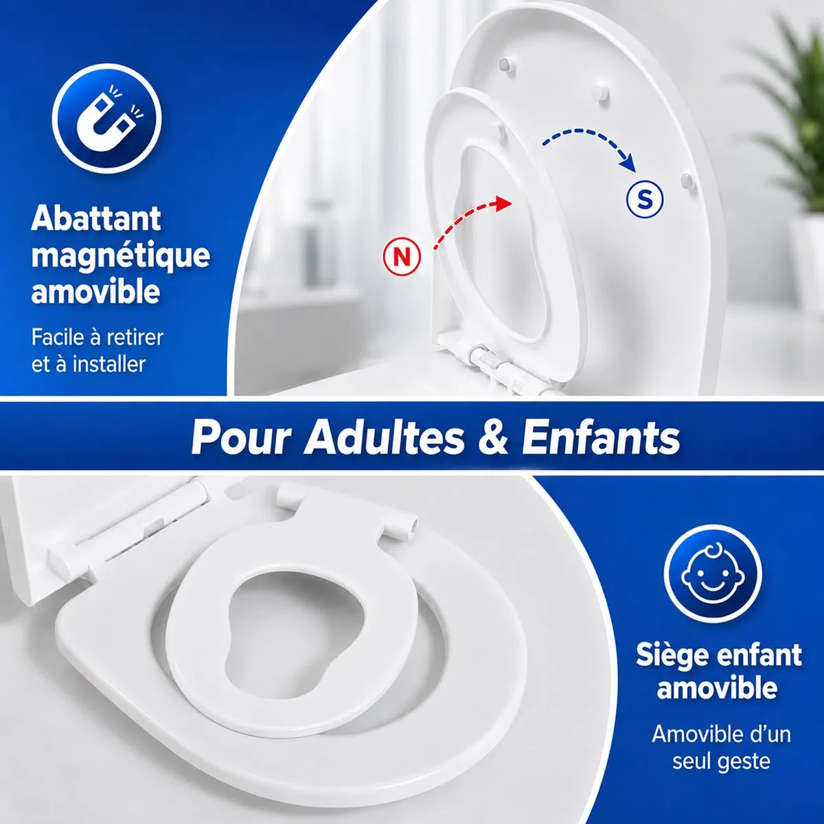 Abattant WC Familial Forme en D, Lunette de Toilette avec Siège Enfant Magnétique, Frein de Chute et Charnière Réglable, Siège de Toilette pour Adultes et Enfants, Démontage Rapide - Blanc