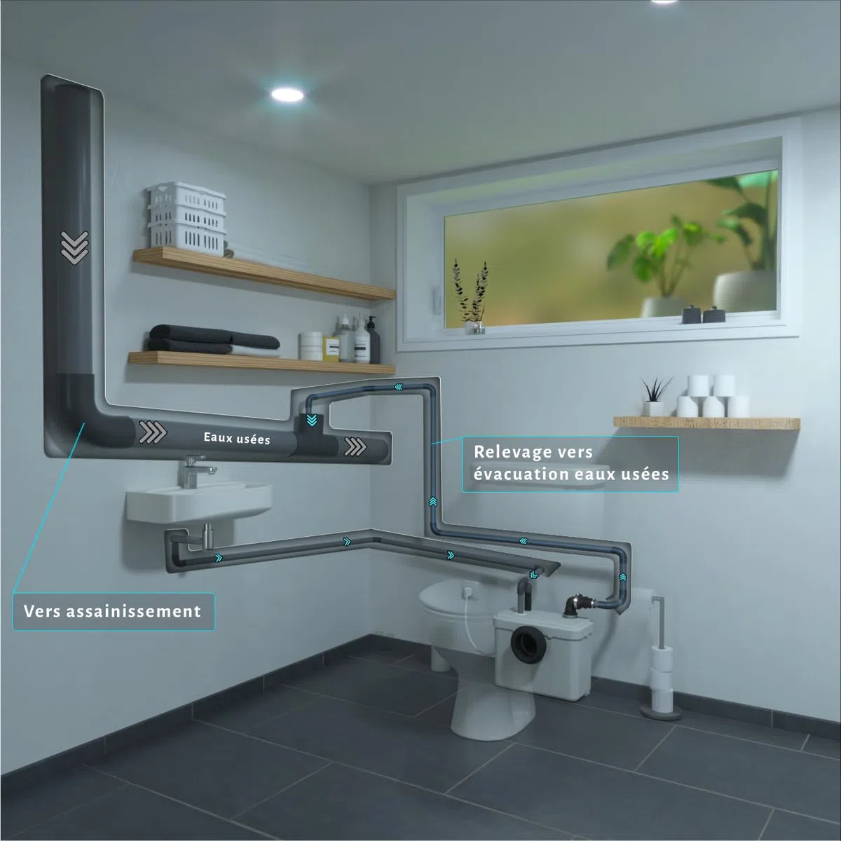 1 - Broyeur WC Adaptable, 1 entrée WC et 1 entrée lavabo, Installation Facile, Moteur 400W, Relevage 3m Vertical et 30m Horizontal, Compact et Discret, Fabrication Française, Garantie 3 Ans