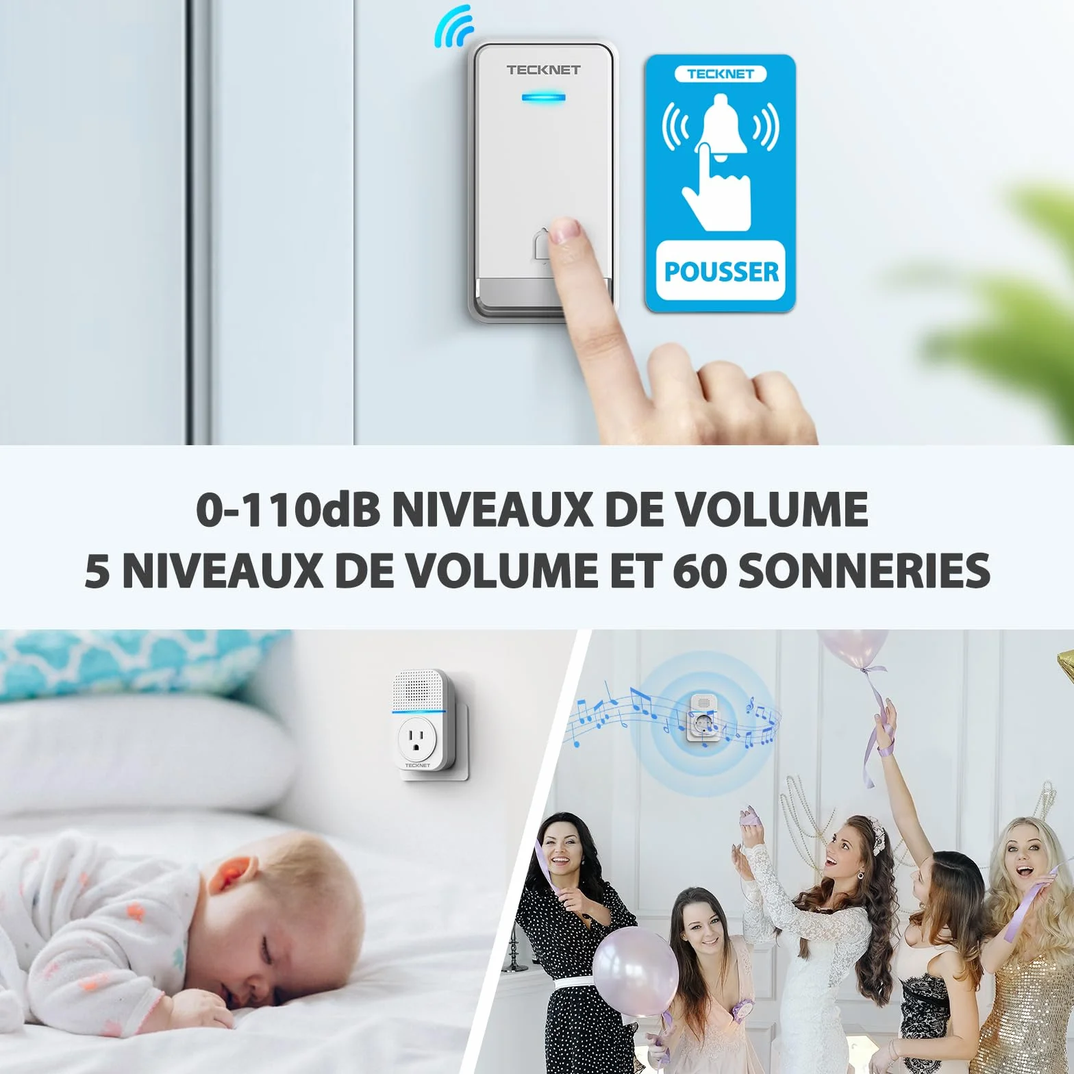 TECKNET Sonnette sans Fil 400 Mètres, Étanche IP65 avec Fonction de Charge et lumière LED Kit de 1 Carillon et 2 Récepteur Enfichables, 60 Mélodies 5 Niveaux Volumes, pour Maison, Bureau, Hôtel