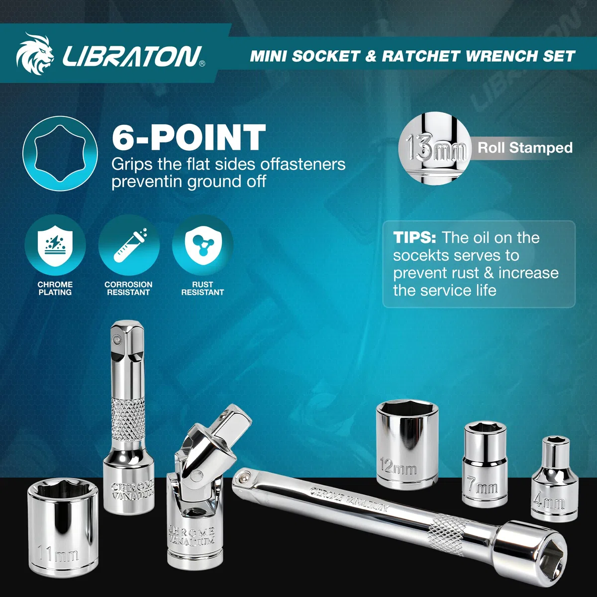 LIBRATON Ensemble de cliquet et de douilles mini 37 pièces avec entraînement de 10,2 mm, embouts de 4–13 mm, manche magnétique, barres d’extension et joint universel, avec étui de rangement pour