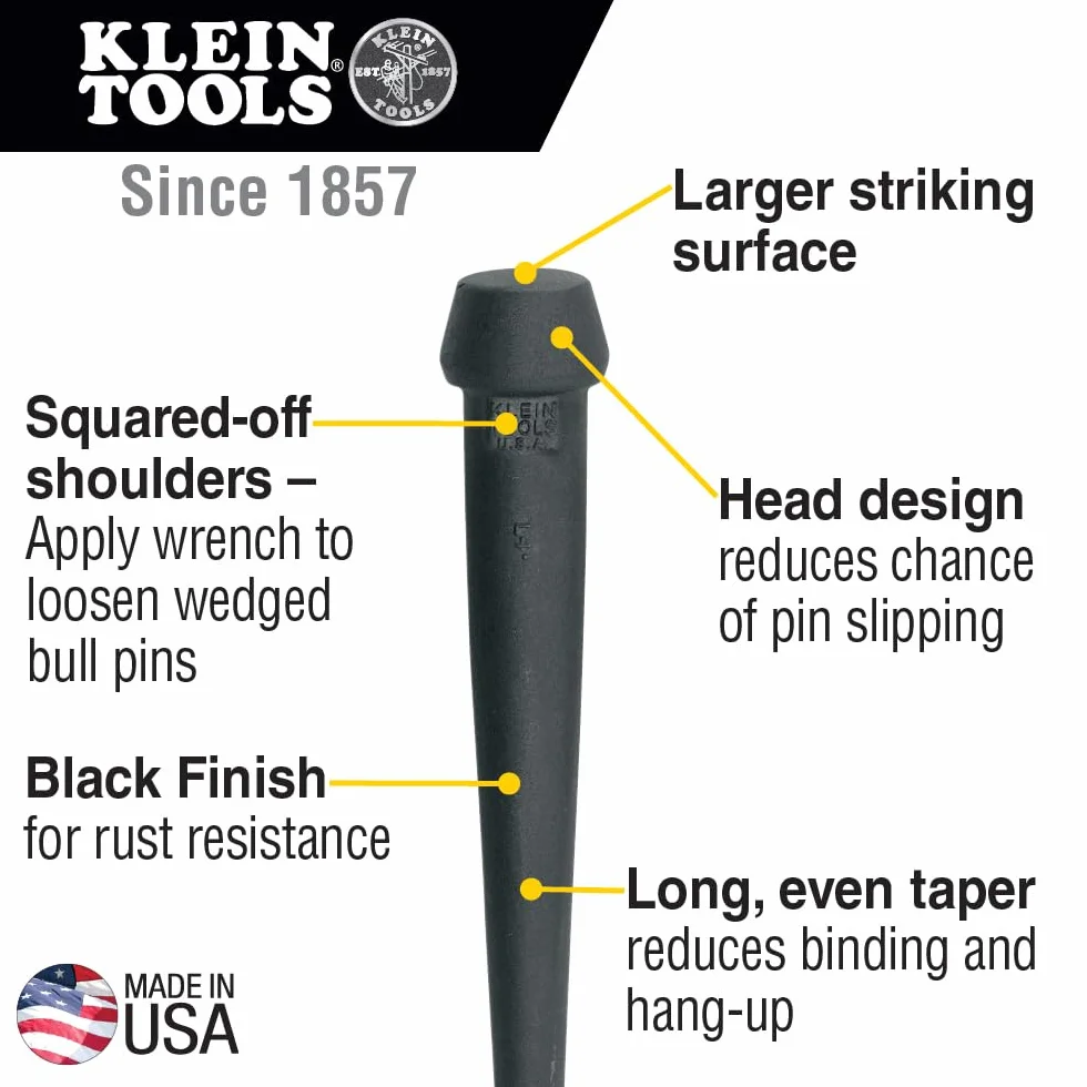 Klein Tools 3256 | Frappe goupille tête large 27 mm | Acier allié trempé | Tête antiglissement | Profil effilé | Épaulements carrés | Finition noire | Fabriquée aux États Unis