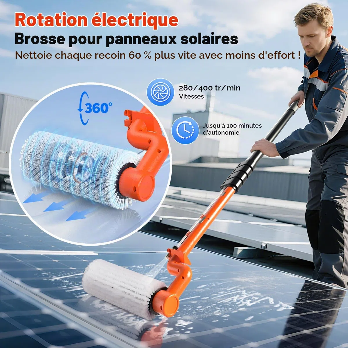 Brosse Telescopique Toiture Électrique Télescopique de 6,5M Perche Telescopique Nettoyage Panneaux Solaires pour Systèmes PV, Fenêtres, Toits de Terrasse et Nettoyage