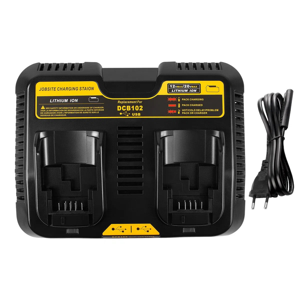 ASUNCELL Chargeur de Batterie 2 Ports Compatible avec Dewalt DCB115 - 18V Dual 3,0 A 12V-20V Max Li-ION Rapide - Pour DCB avec 2 Ports USB 2,1A