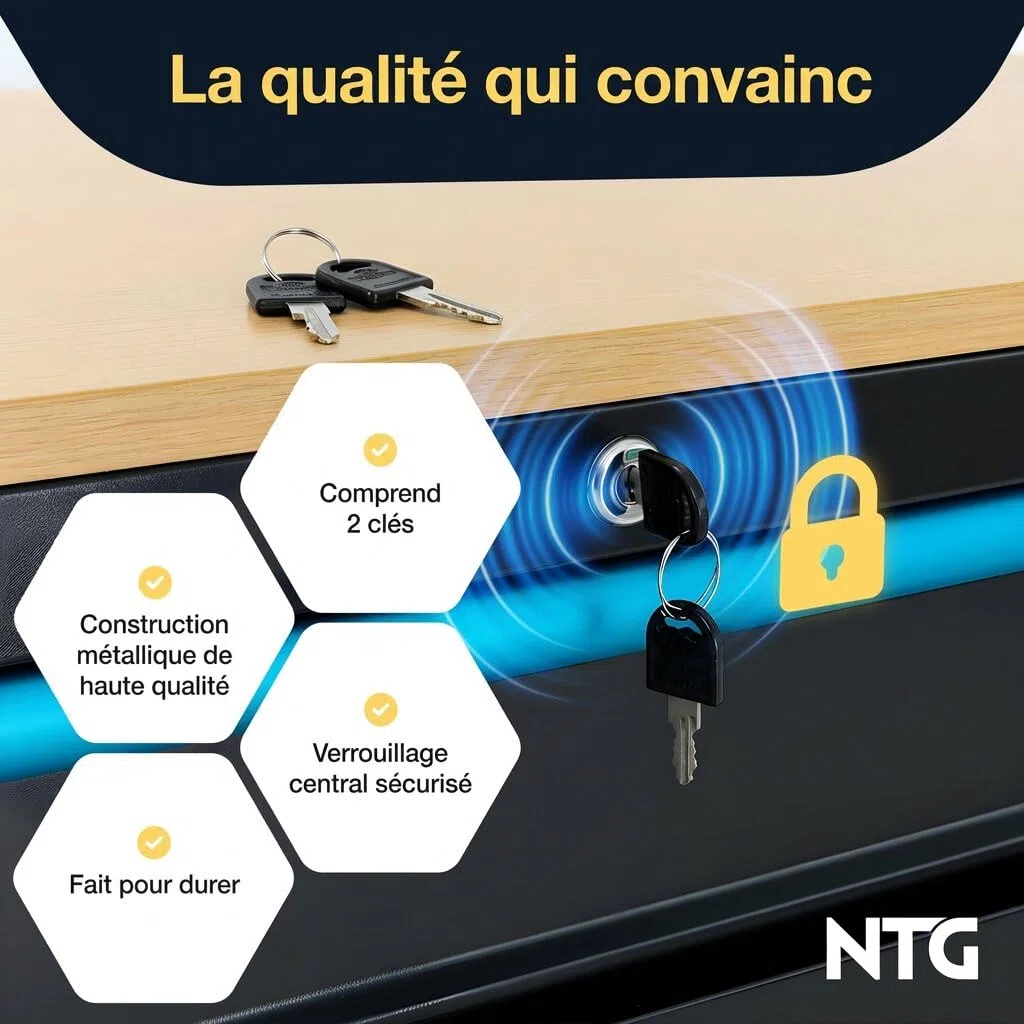 NTG Chariot à outils XXL – 471 pièces – 12 tiroirs avec plan de travail en bois, verrouillable, mobile sur roulettes – Meuble de rangement professionnel en métal pour garage et atelier