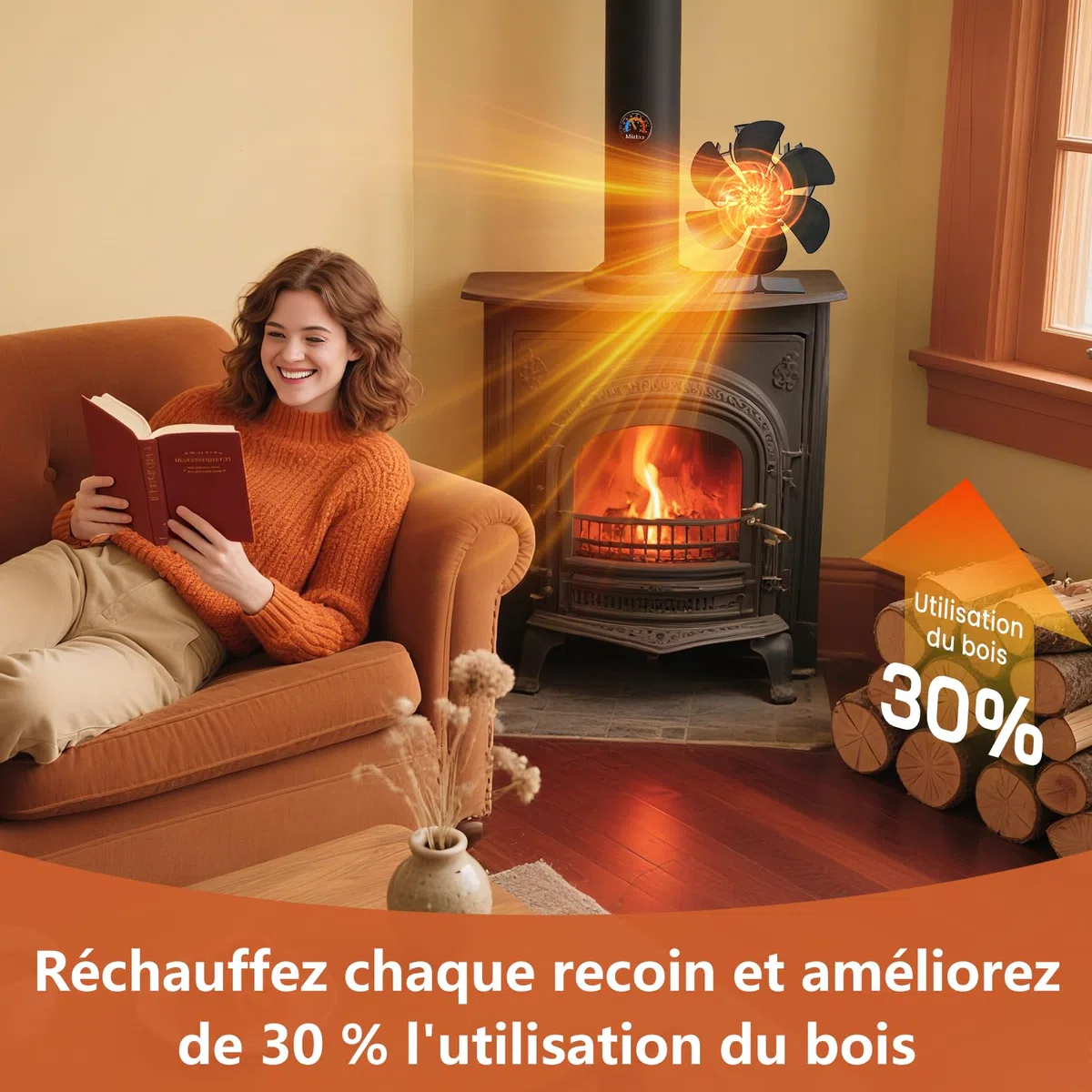 Ventilateur Poele à Bois 6 Lames | Ventilateur Cheminée avec Thermomètre Magnétique | Permet d'économiser l'énergie domestique et fonctionne silencieusement