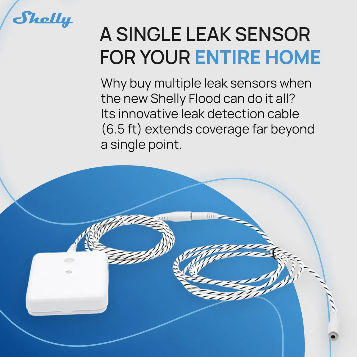 Shelly Flood Gen4 - Capteur de Fuite d'eau connecté Zigbee, Wi-FI, Bluetooth, Matter, avec Câble détecteur 2m, IP44, Alarme sononre, Notification d'app, Compatible Apple Homekit, Alexa, Google
