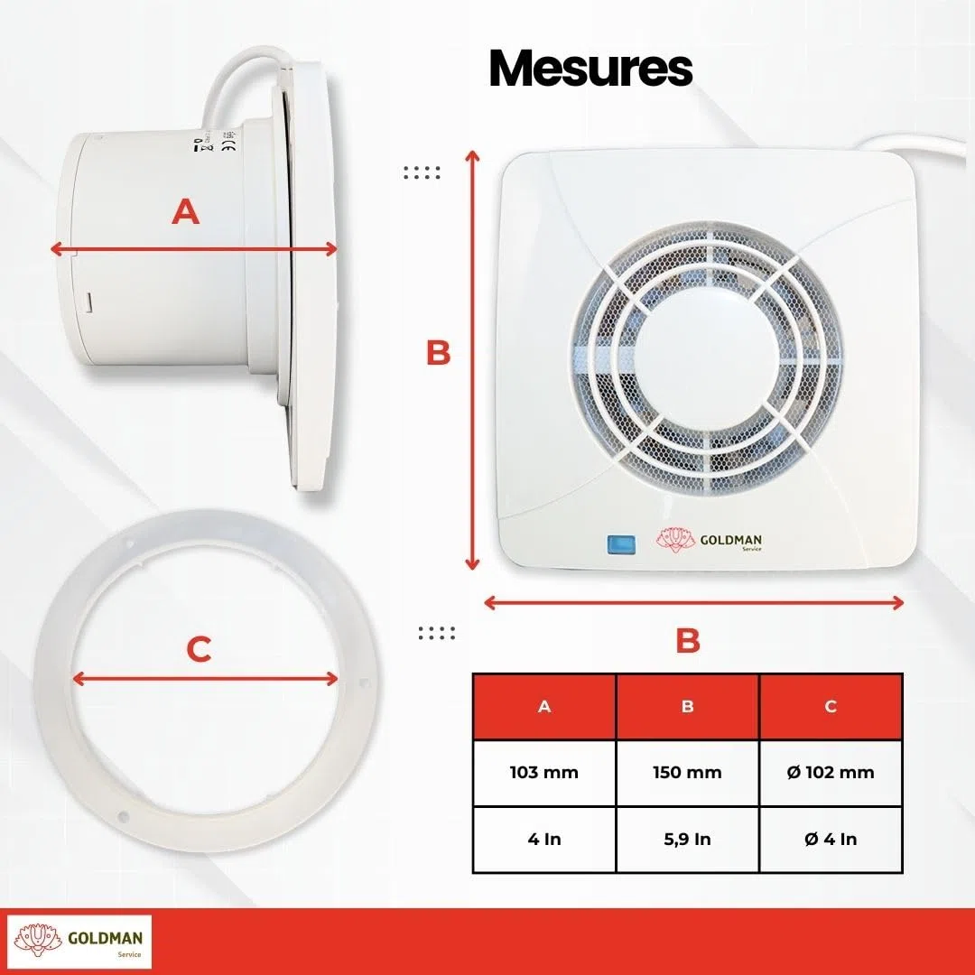 GOLDMAN SERVICE | Extracteur de salle de bain cuisine silencieux, puissant, Ventilateur extracteur d'air, anti-humidité, anti-odeur, Valve anti-retour et moustiquaire | Diamètre : 100 mm