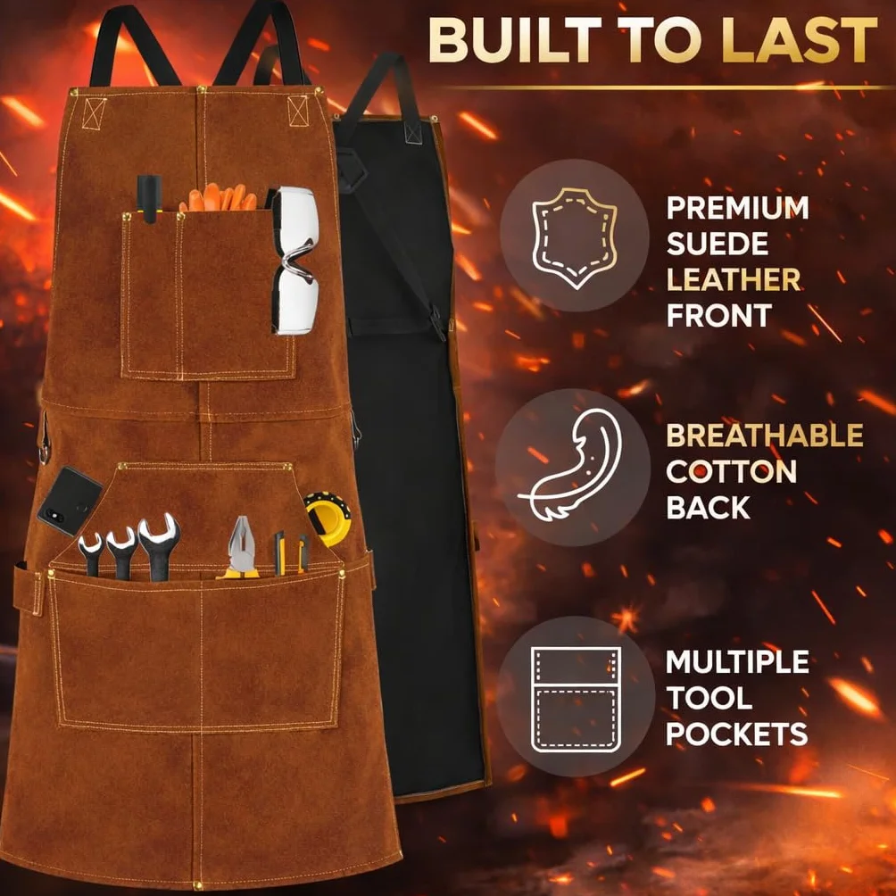 BWOLF SMITH Tablier de Soudeur Professionnel en Cuir | pour Homme avec 6 Poches |Tablier de Soudure Durable de Travail | Anti-flamme et Protection pour Forgeron