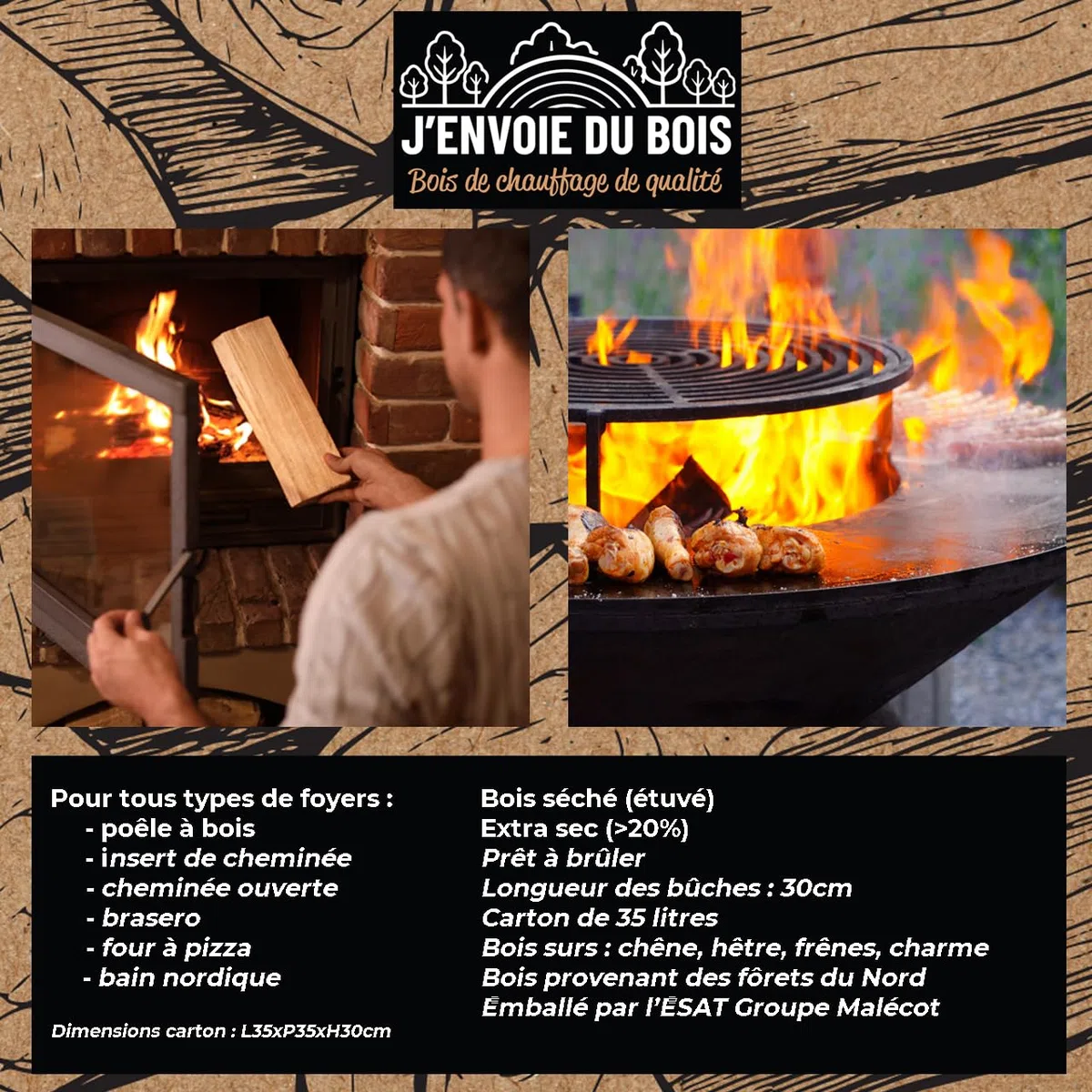 J'ENVOIE DU BOIS - Bois de Chauffage 30cm - Carton de 35 litres - Bûches Extra sèches (étuvées) - Poêle, Insert cheminée, brasero, Barbecue, Four à Pizza - Mélange Bois durs (hêtre, chêne, frêne)