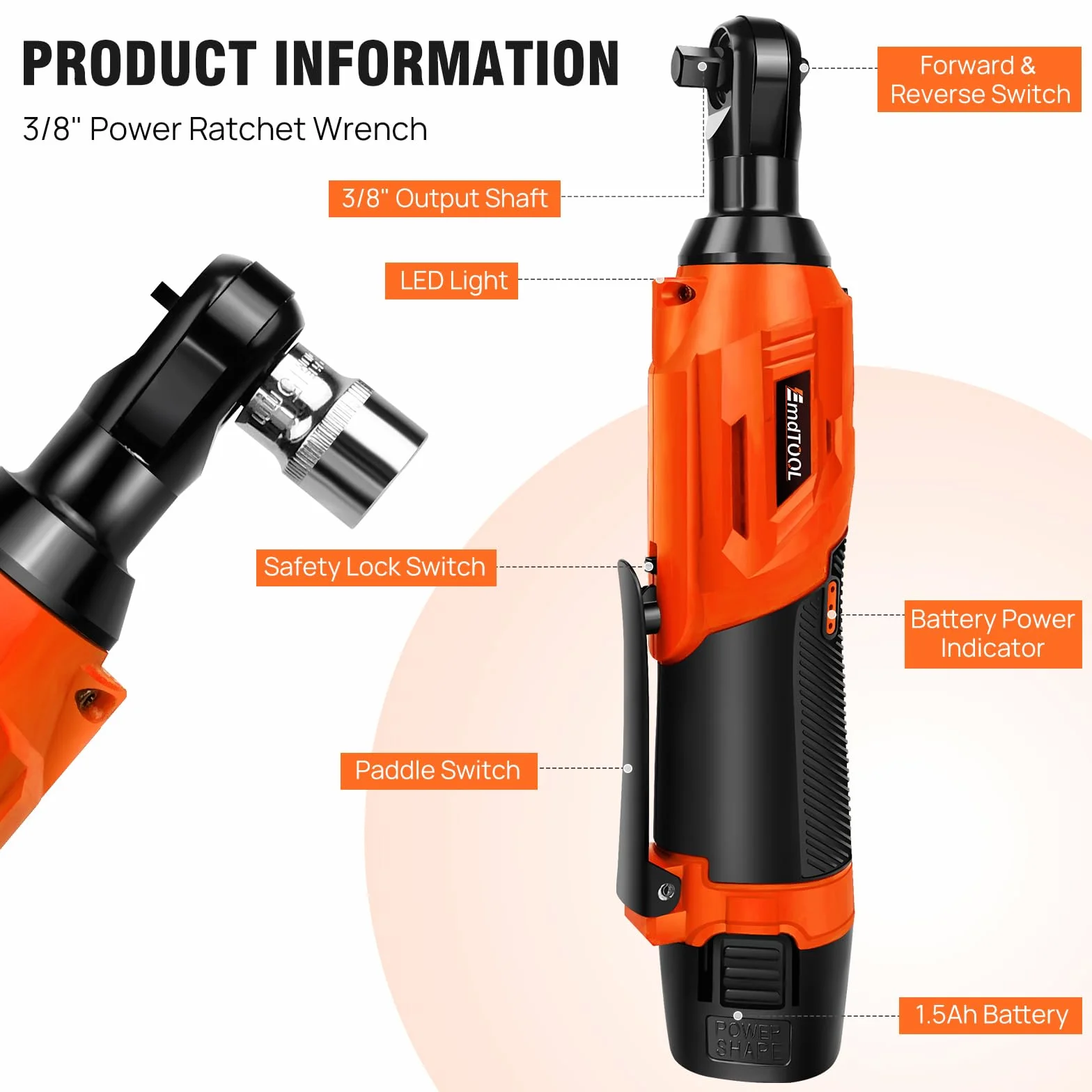 DayPlus Clé à cliquet sans fil 12V avec batterie, 2 batteries Li-ion de 1,5Ah et chargeur rapide, 2300 tr/min, 40 Nm, clé à cliquet électrique avec 7 douilles, orange