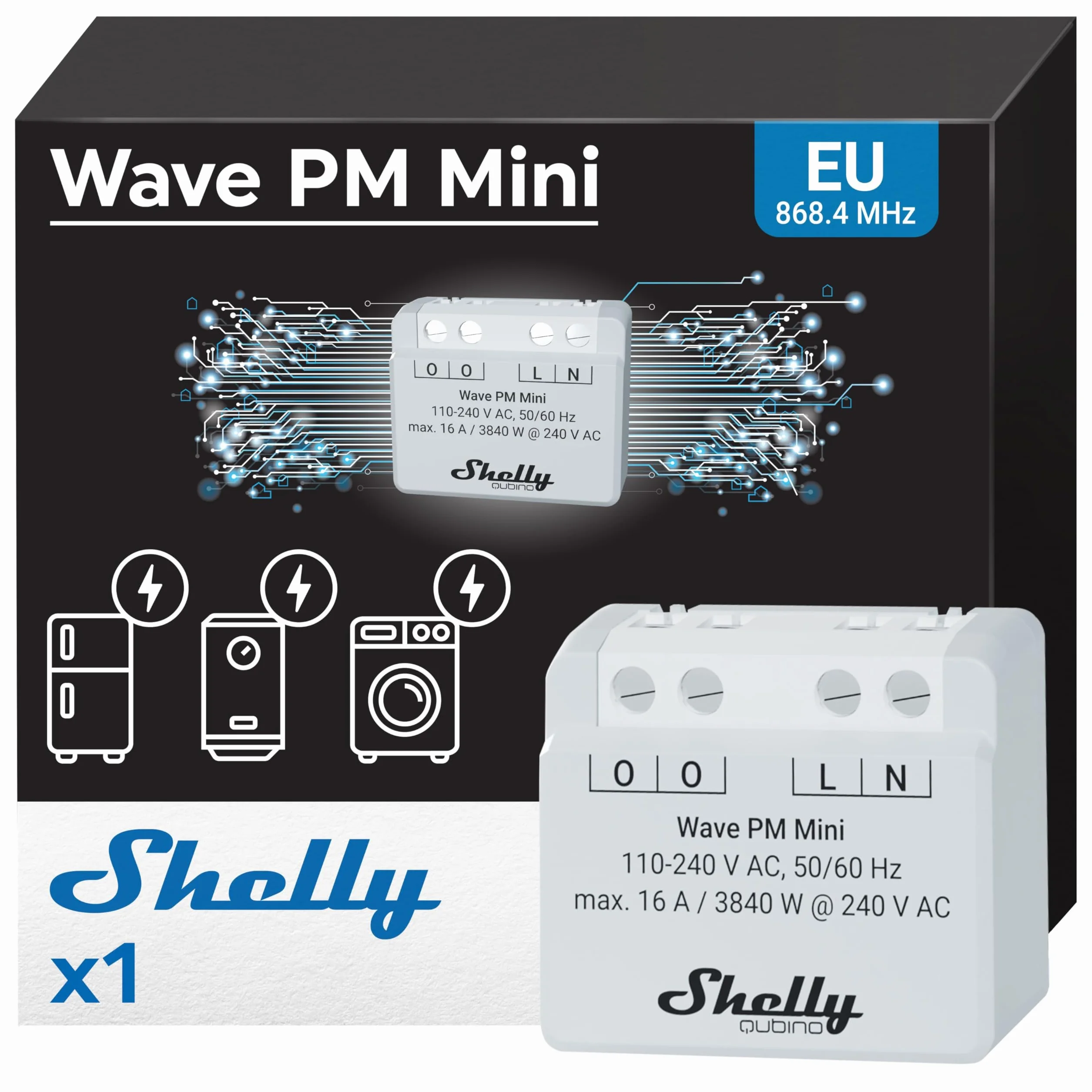 Shelly Wave PM Mini - Compteur d'énergie connecté Z-Wave, 1 canal - 16A 240 V AC, Mesure de consommation à distance par app, Actions URL & Scènes intelligentes, Passerelle Z-Wave requise