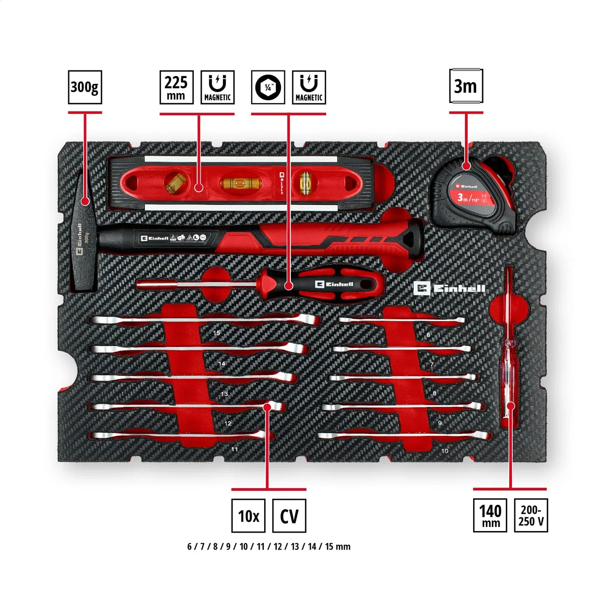 Original Einhell E-Case coffret à outils 79 pièces déménagement (marteau de mécanicien, pinces, accessoires d’embouts, cutter à lame sécable, mètre ruban, niveau à bulle, clés mixtes, coffret système)