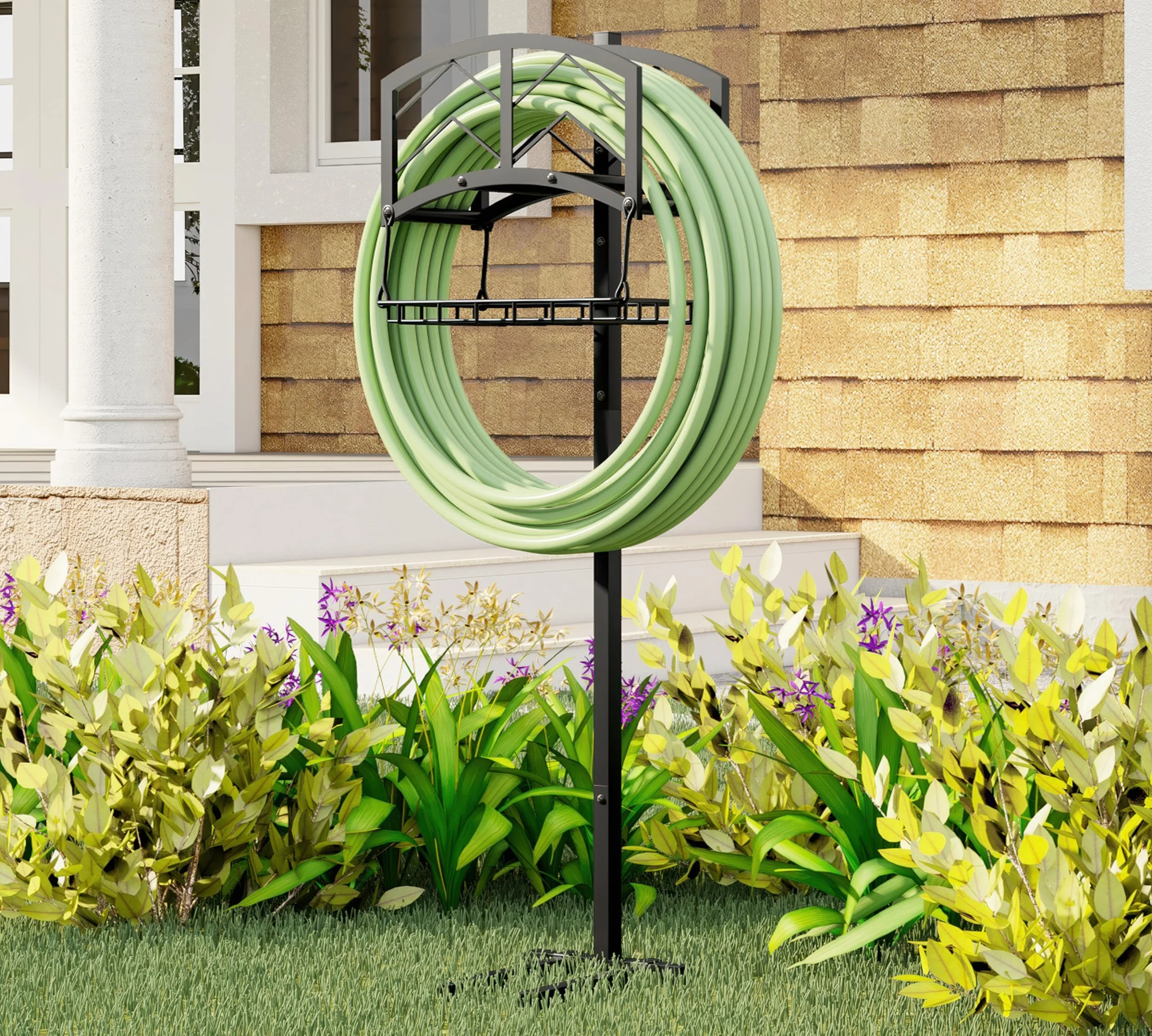 Kingson Support tuyau arrosage portable, panier rangement, acier noir robuste, contient tuyau 45m, design amovible outils
