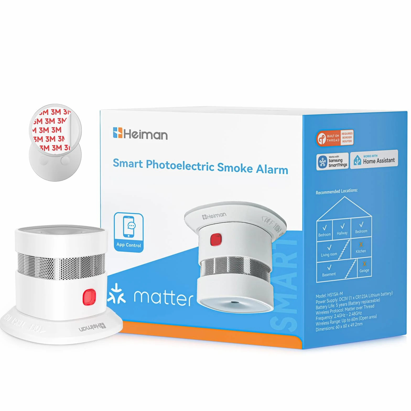 Heiman Detecteur de Fumée Matter Over Thread, avec Fixation Magnétique, Pile Remplaçable 5 Ans, en 14604, 85dB, Hub Requis, pour Apple Home, SmartThings & Home Assistant, HS1SA-M