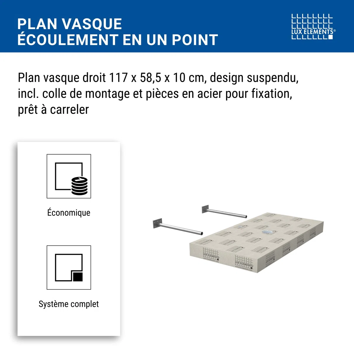 LUX ELEMENTS Plan de vasque suspendu prêt à carreler, 117 x 58,5 x 10 cm, LAVADO-FLOAT G LLAVE5001, gris