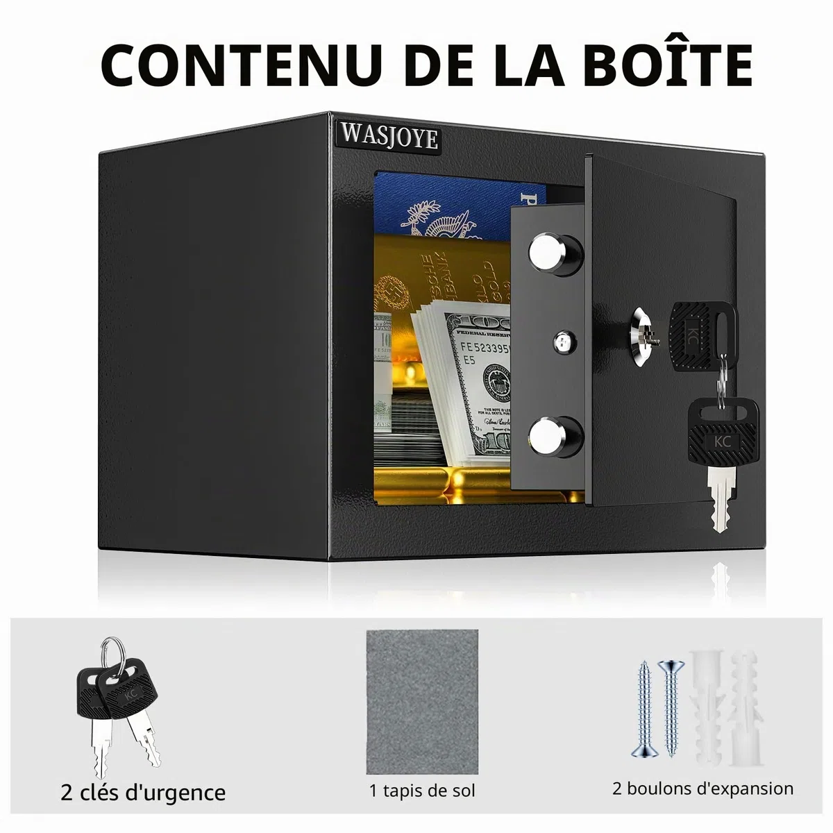 WASJOYE Mini Coffre Fort Domestique,23 * 17 * 17cm Coffre Fort Serrure à clé de Sécurité - Petit Coffre Fort pour la maison,L'argent, de documents,de bijoux,de passeports 6.6L