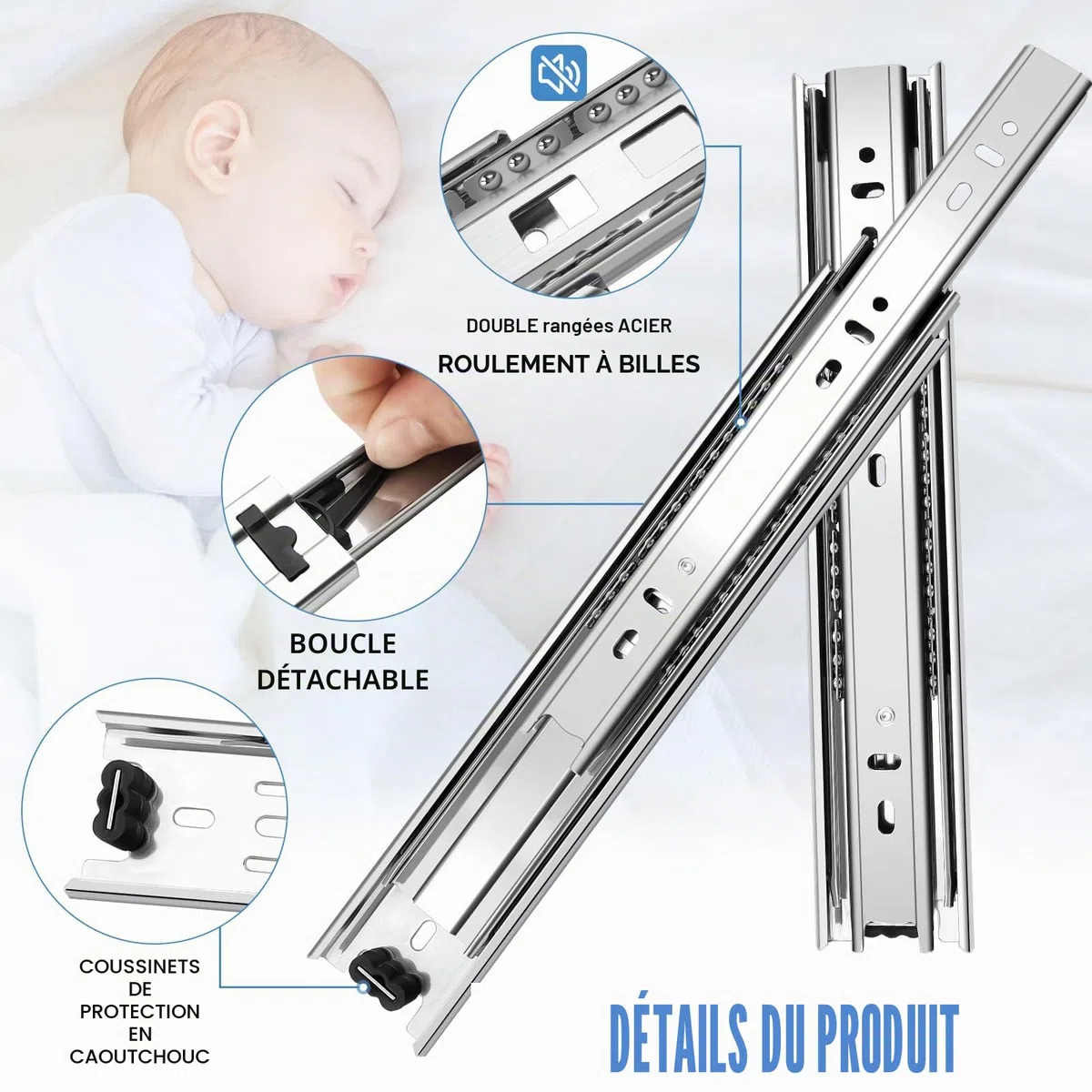 Sulawskys 4 paires glissières de tiroir 55 cm (8 pièces),glissiere pour tiroir, montage latéral,extension complète,coulisse tiroir avec roulements à billes, capacité de 45 kg, argent